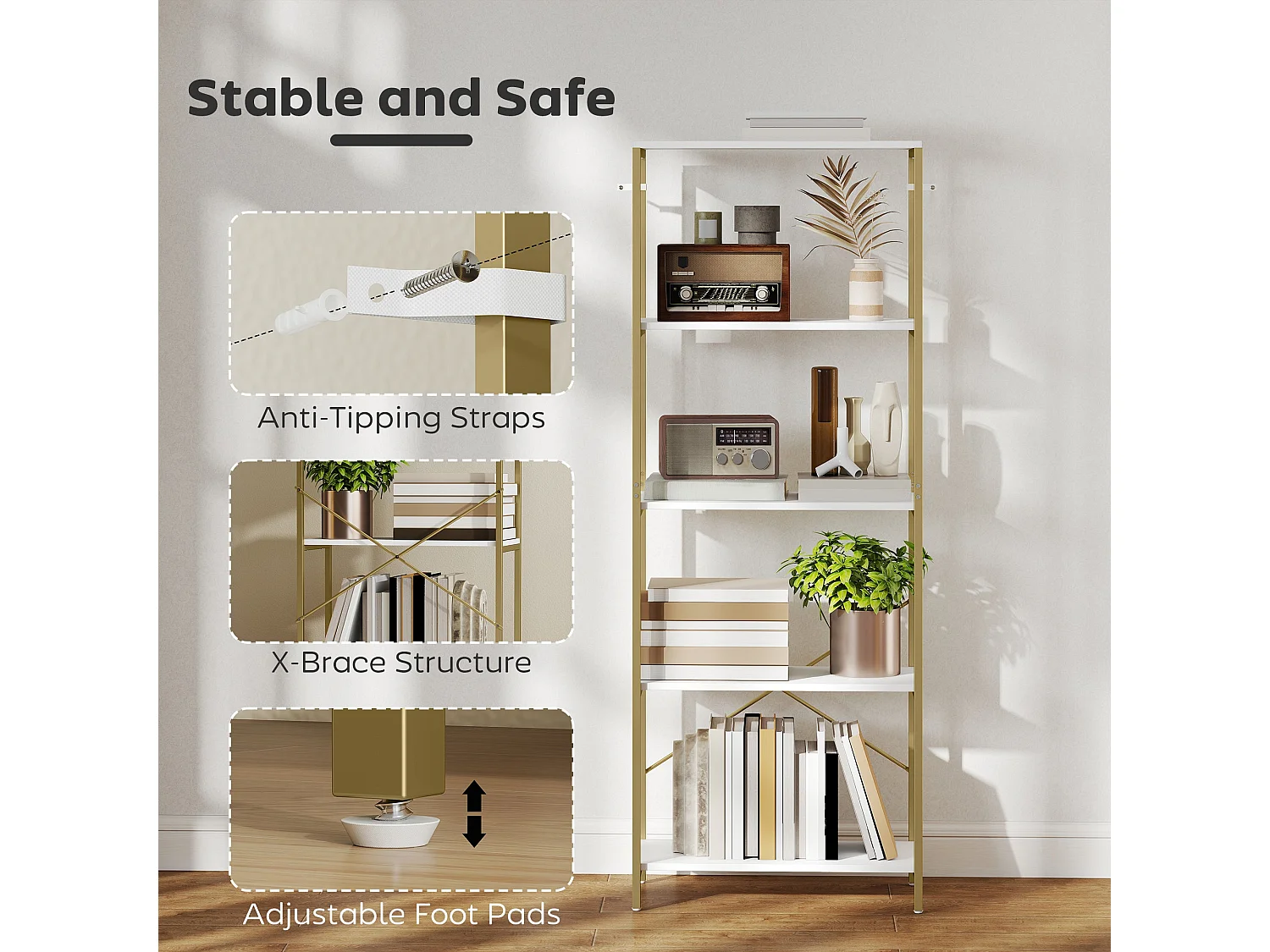 Lazila 5 Tier White MDF and Gold Tone Metal Bookcase Modern Open Shelf