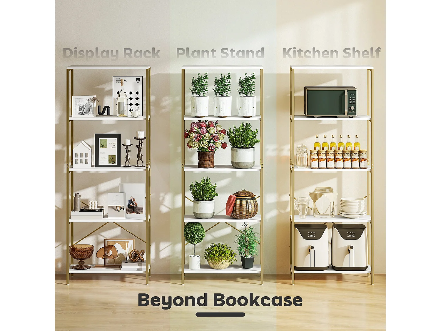 Lazila 5 Tier White MDF and Gold Tone Metal Bookcase Modern Open Shelf