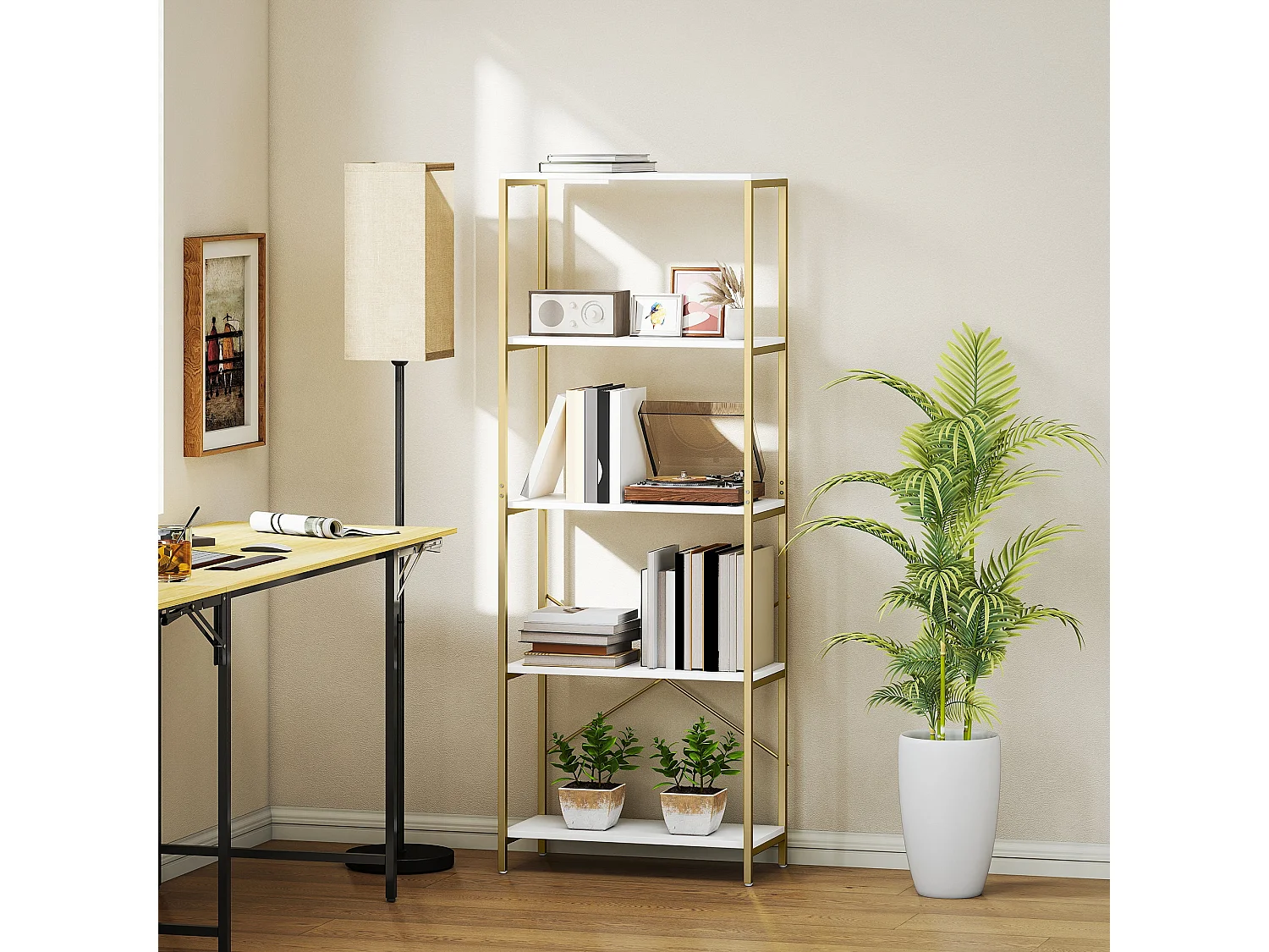 Lazila 5 Tier White MDF and Gold Tone Metal Bookcase Modern Open Shelf