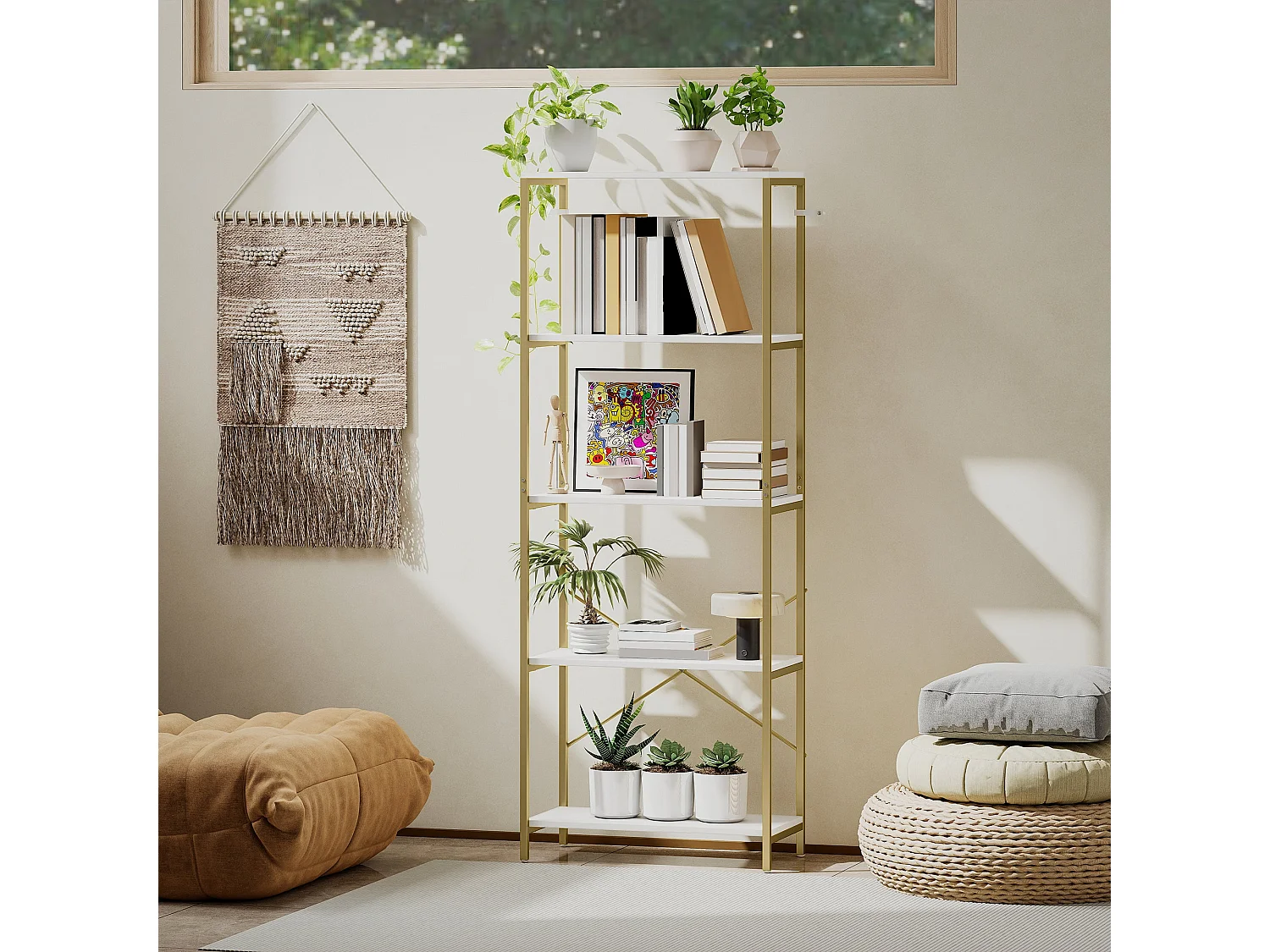 Lazila 5 Tier White MDF and Gold Tone Metal Bookcase Modern Open Shelf