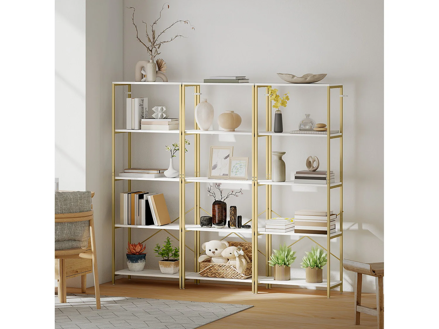 Lazila 5 Tier White MDF and Gold Tone Metal Bookcase Modern Open Shelf