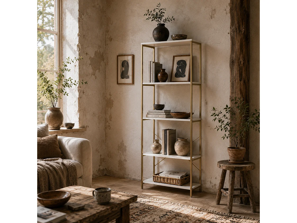 Lazila 5 Tier White MDF and Gold Tone Metal Bookcase Modern Open Shelf