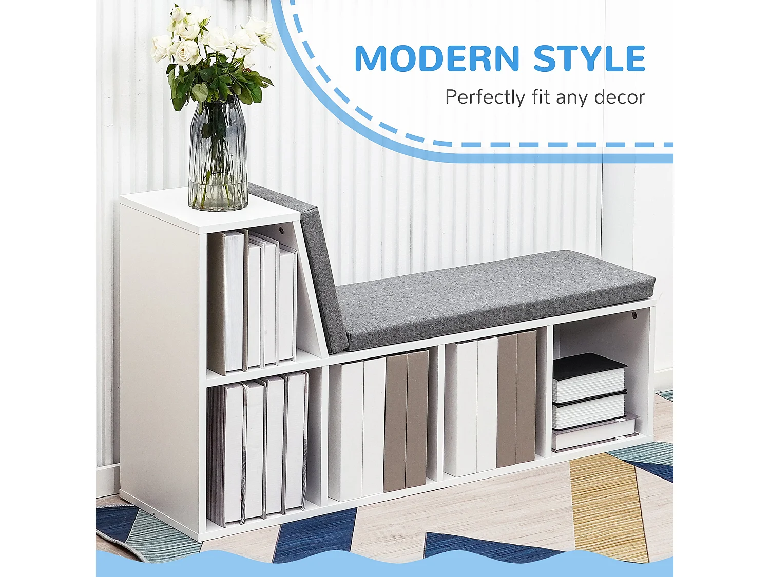 Litadi White Cube Bookcase With Cushioned Seat and Storage Cabinet