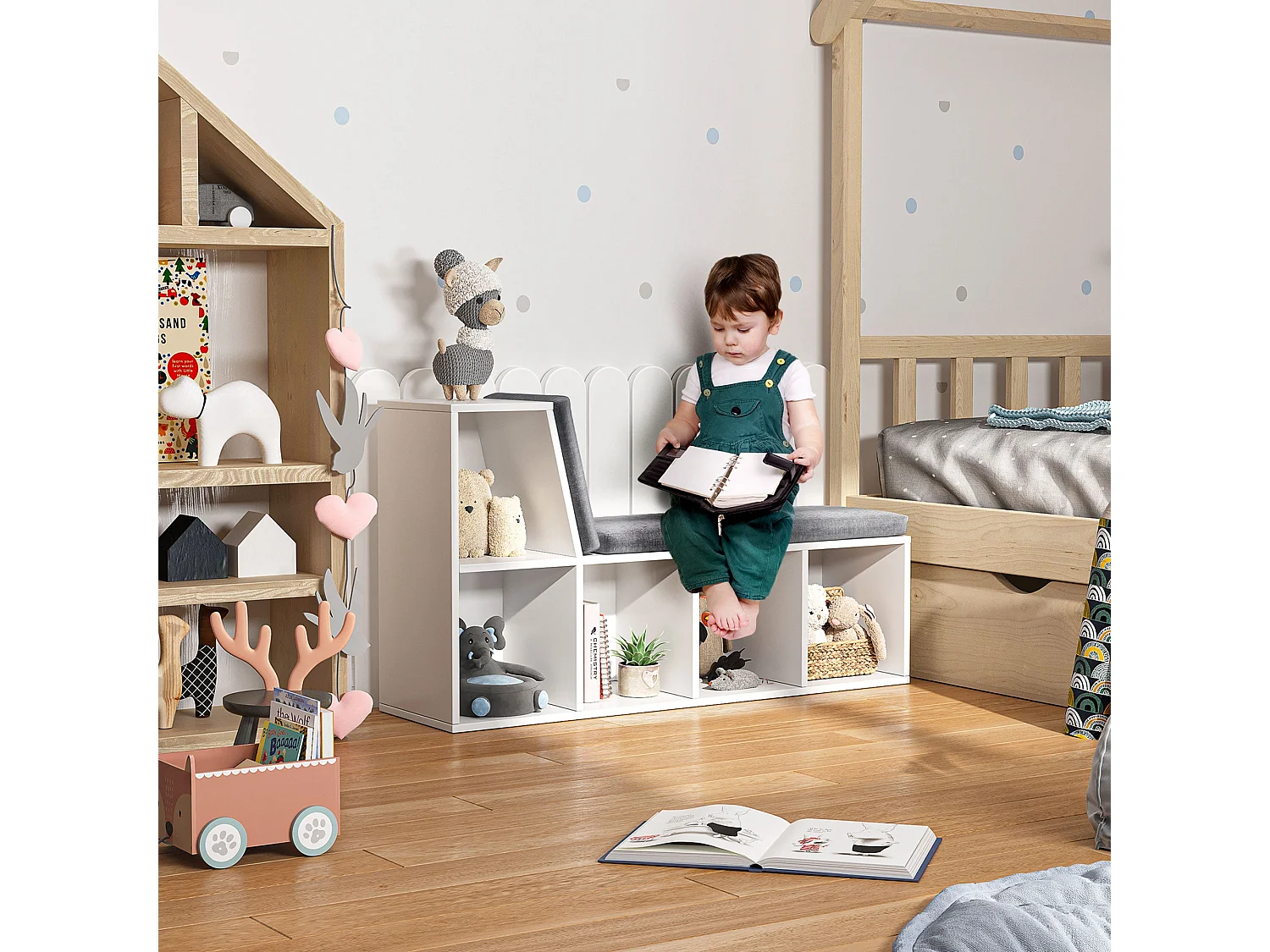 Litadi White Cube Bookcase With Cushioned Seat and Storage Cabinet