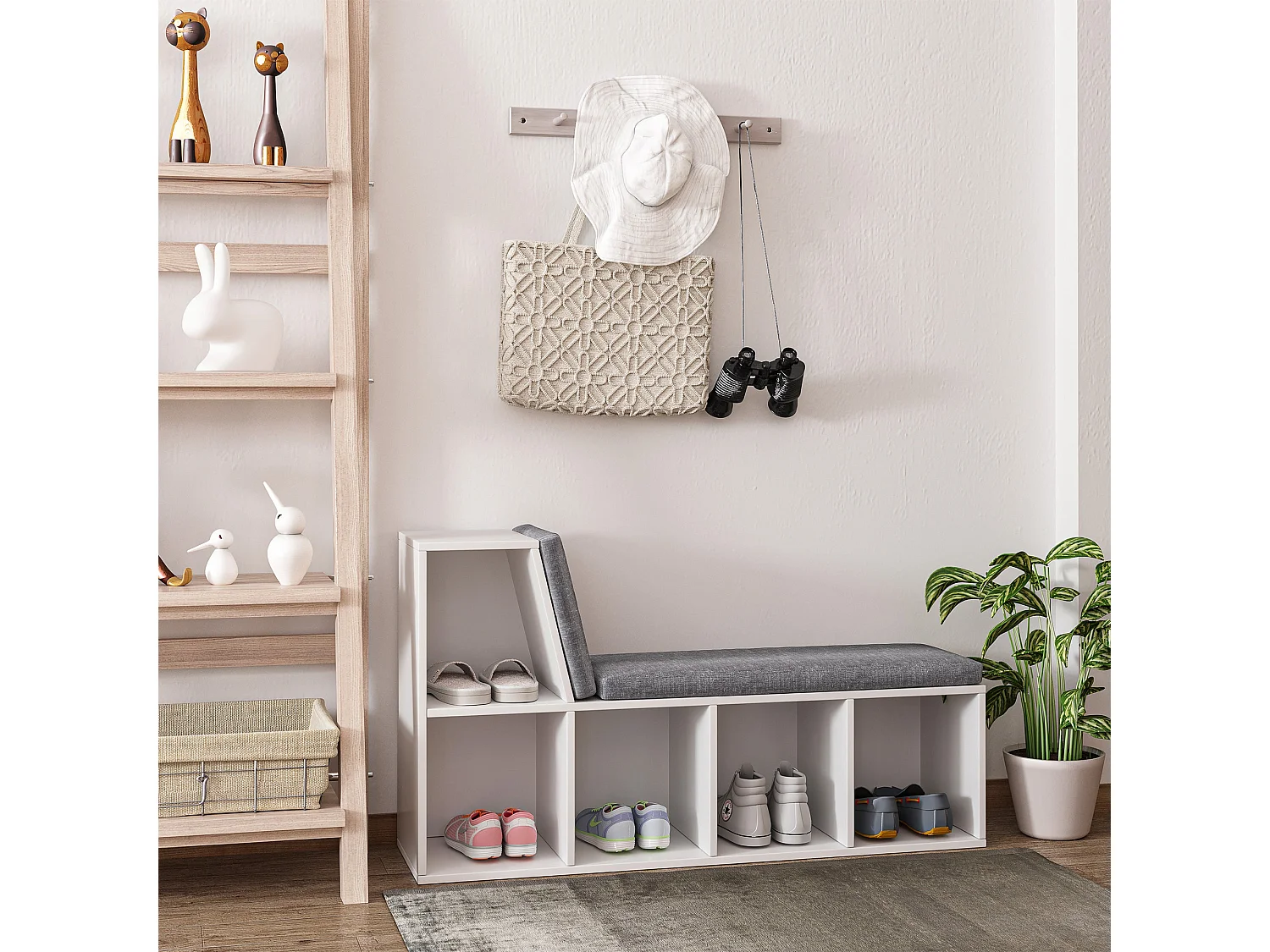 Litadi White Cube Bookcase With Cushioned Seat and Storage Cabinet