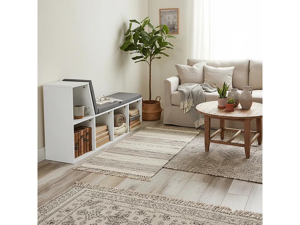 Litadi White Cube Bookcase With Cushioned Seat and Storage Cabinet