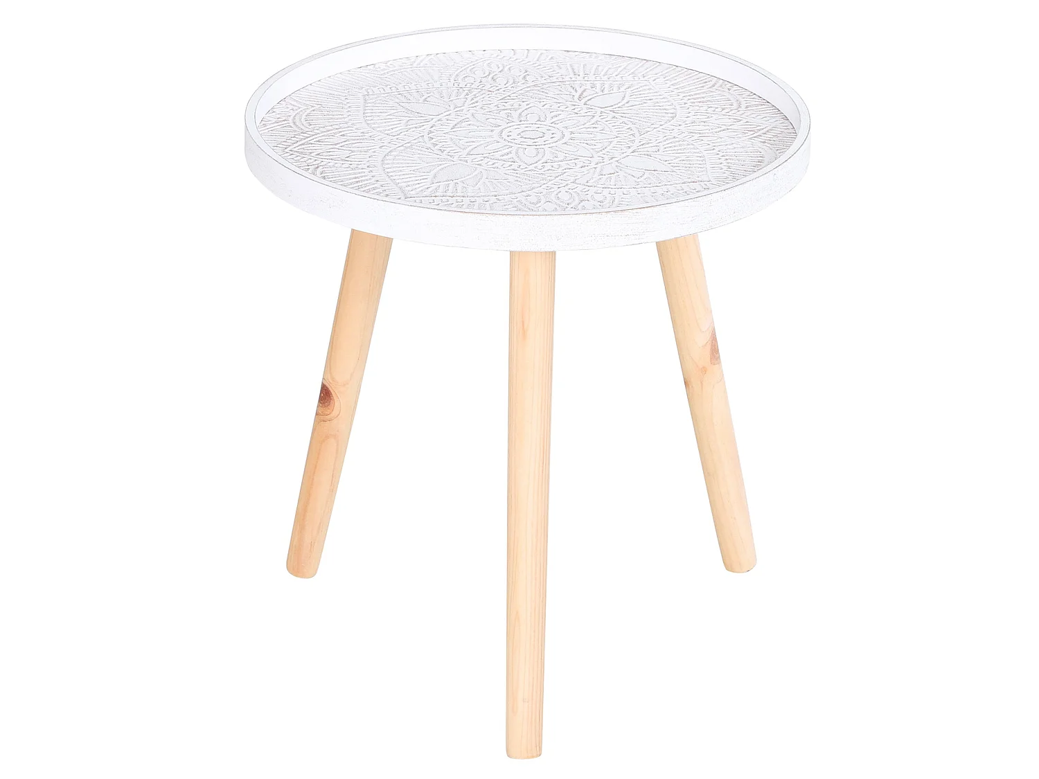 Nona Round Coffee Table with Carved Floral Tray Top White 40cm