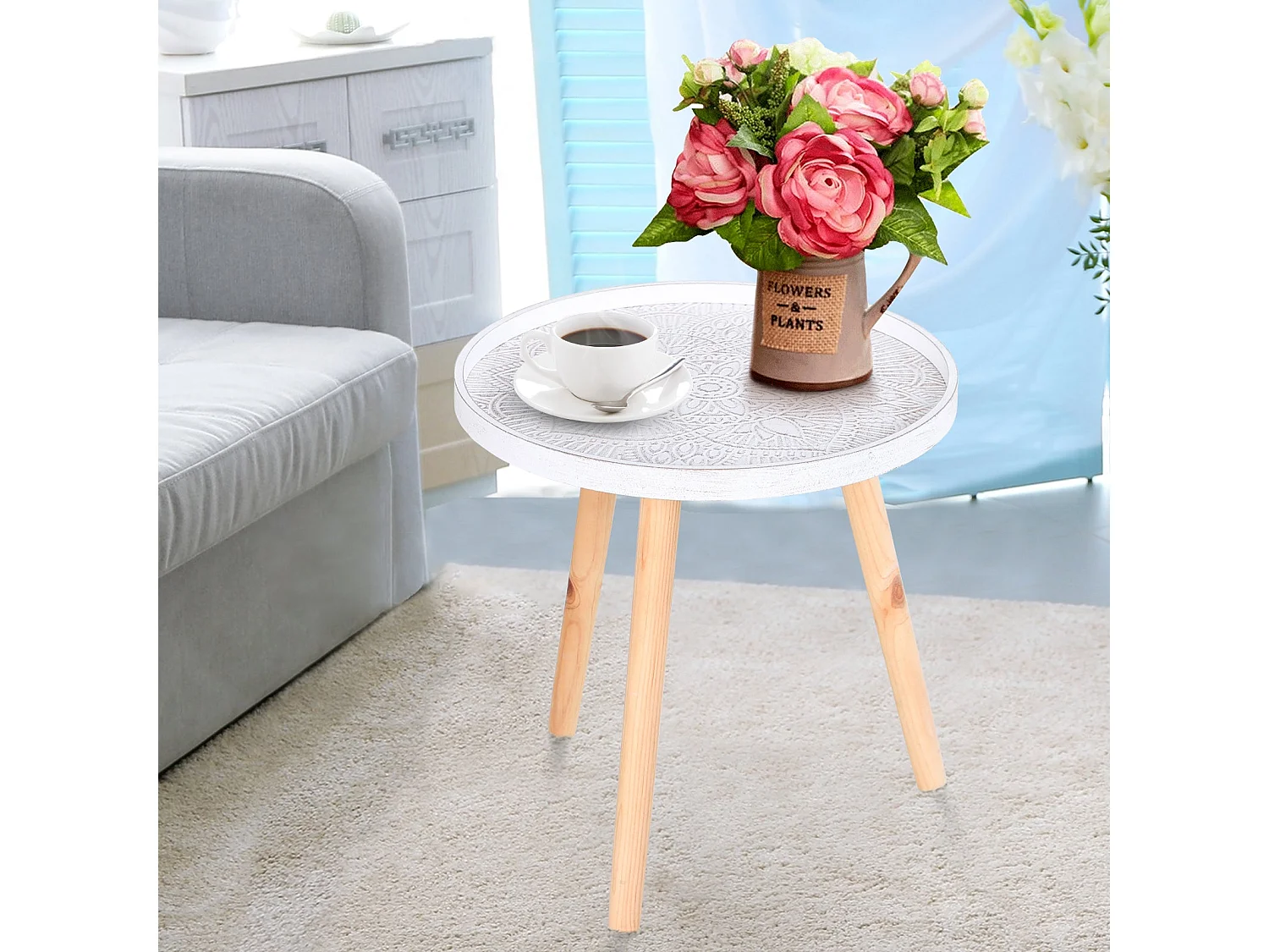 Nona Round Coffee Table with Carved Floral Tray Top White 40cm