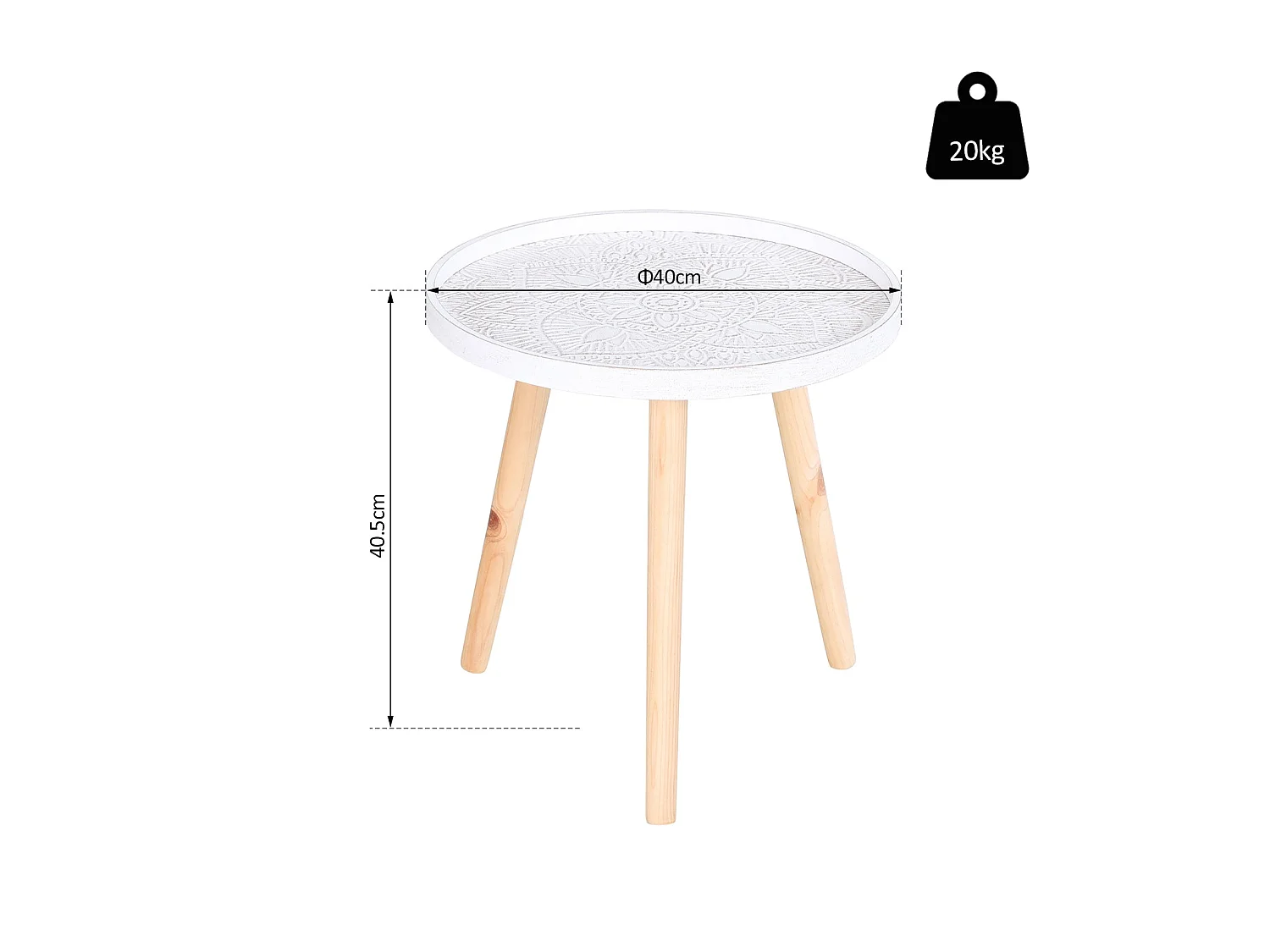 Nona Round Coffee Table with Carved Floral Tray Top White 40cm