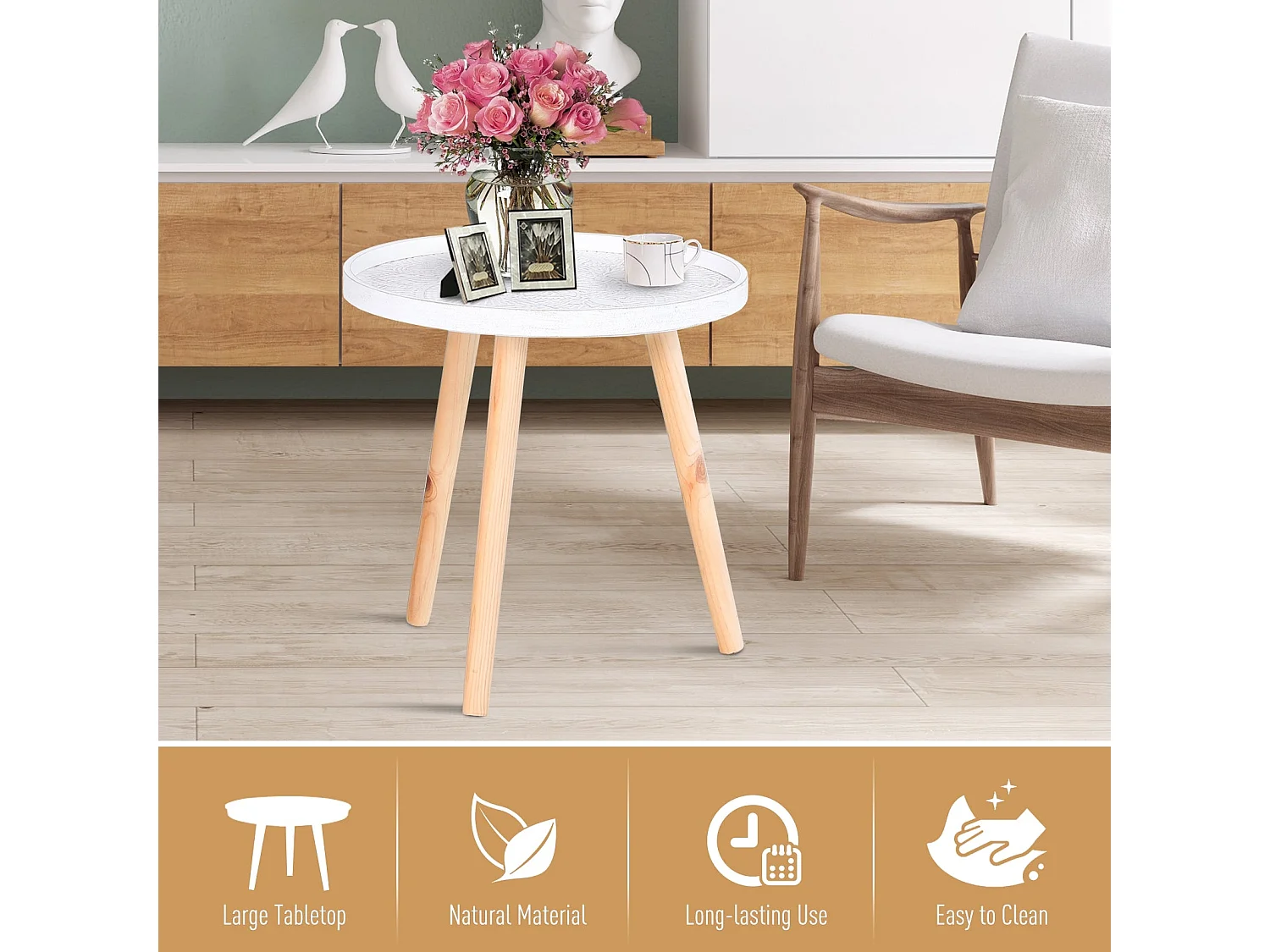Nona Round Coffee Table with Carved Floral Tray Top White 40cm