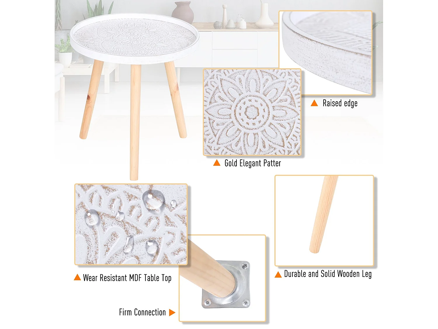 Nona Round Coffee Table with Carved Floral Tray Top White 40cm