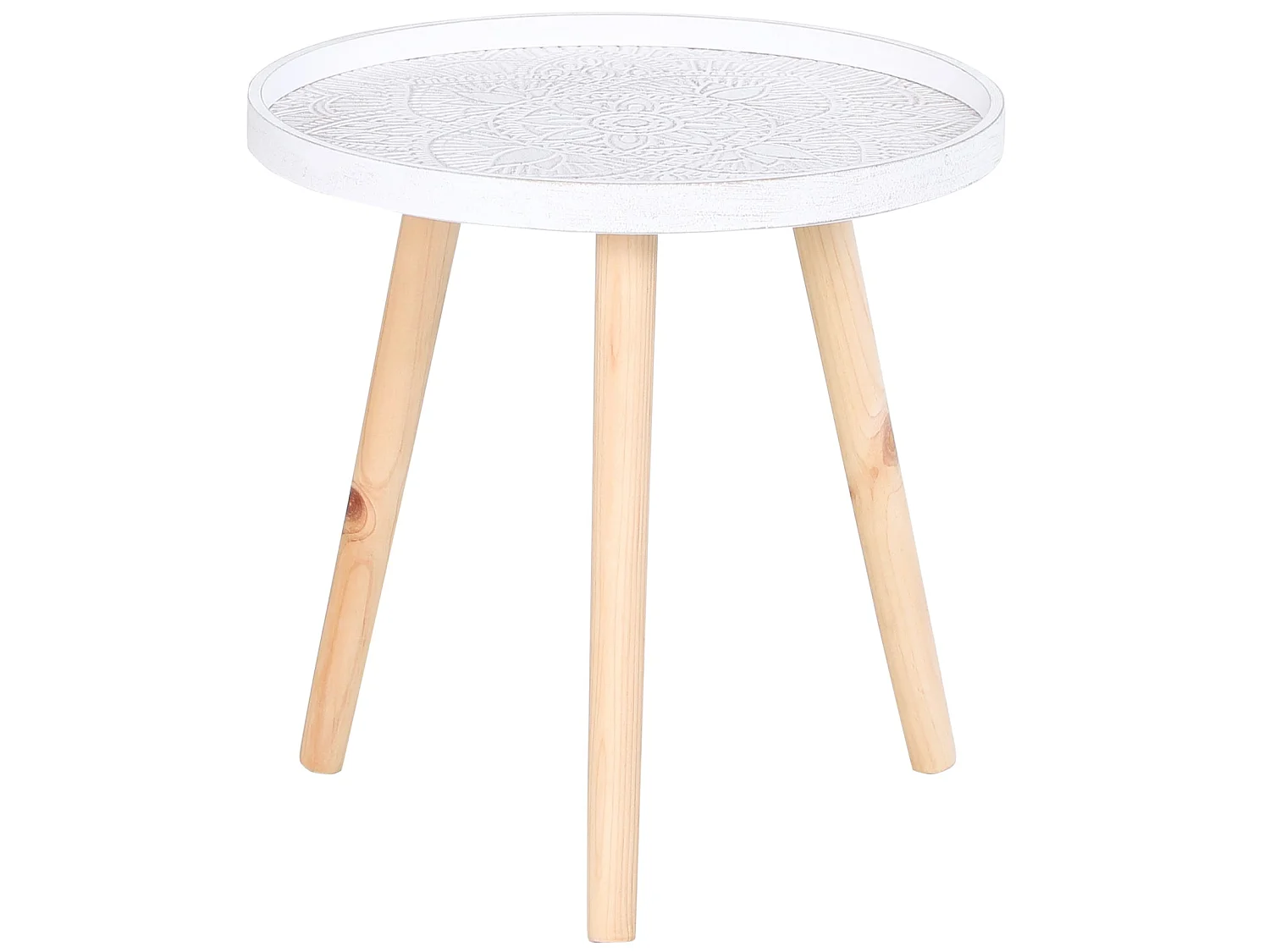 Nona Round Coffee Table with Carved Floral Tray Top White 40cm