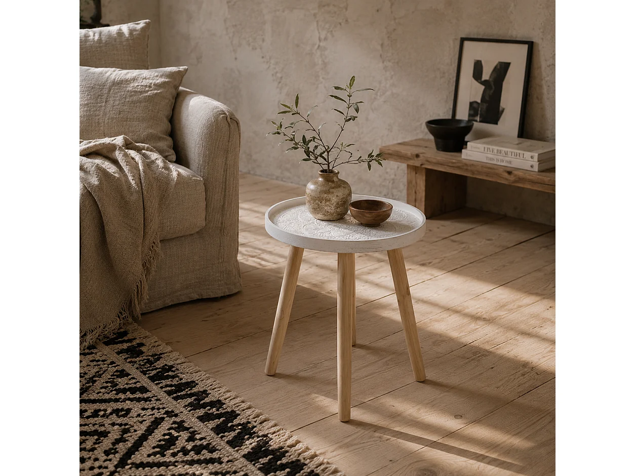 Nona Round Coffee Table with Carved Floral Tray Top White 40cm