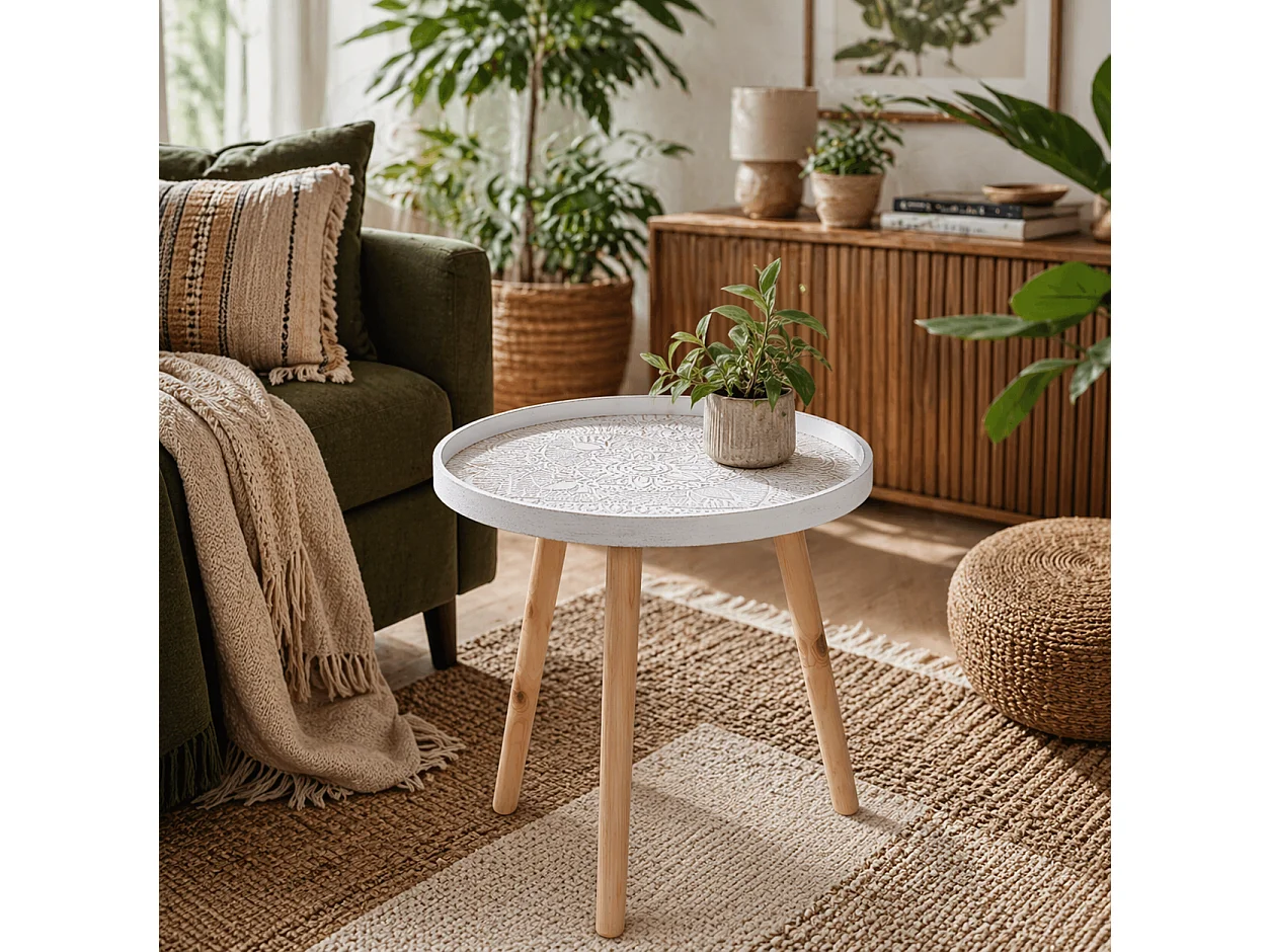 Nona Round Coffee Table with Carved Floral Tray Top White 40cm