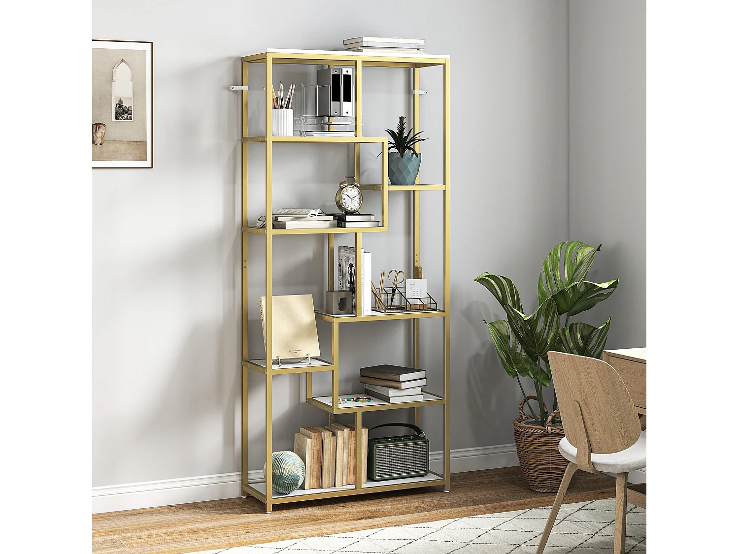 Lolaha 7 Tier Geometric White and Gold Tone Display Bookcase