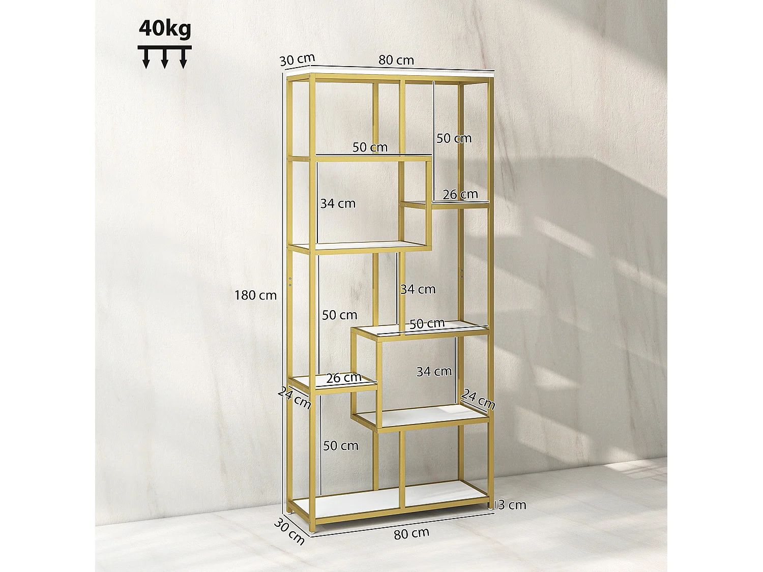 Lolaha 7 Tier Geometric White and Gold Tone Display Bookcase