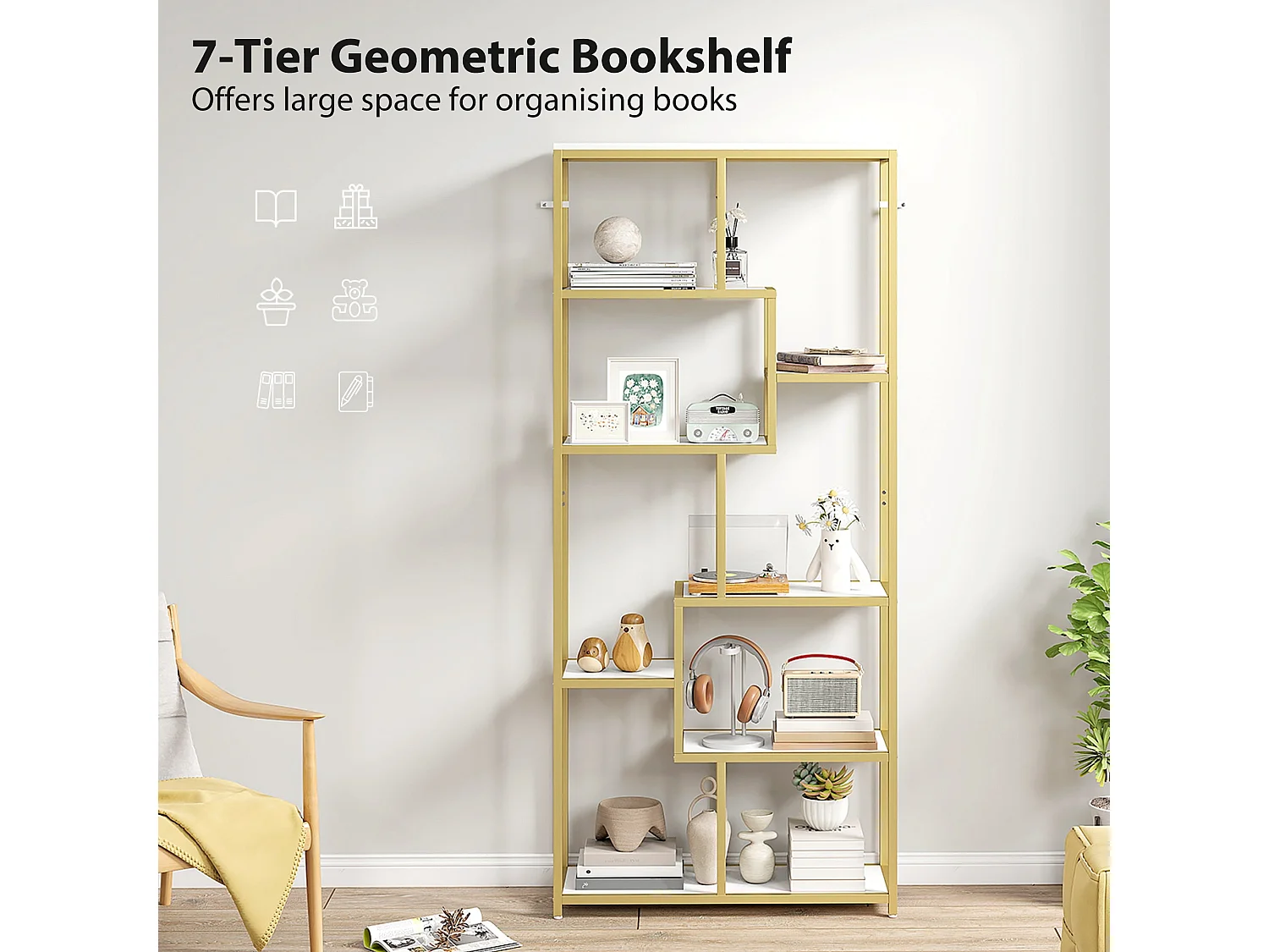 Lolaha 7 Tier Geometric White and Gold Tone Display Bookcase