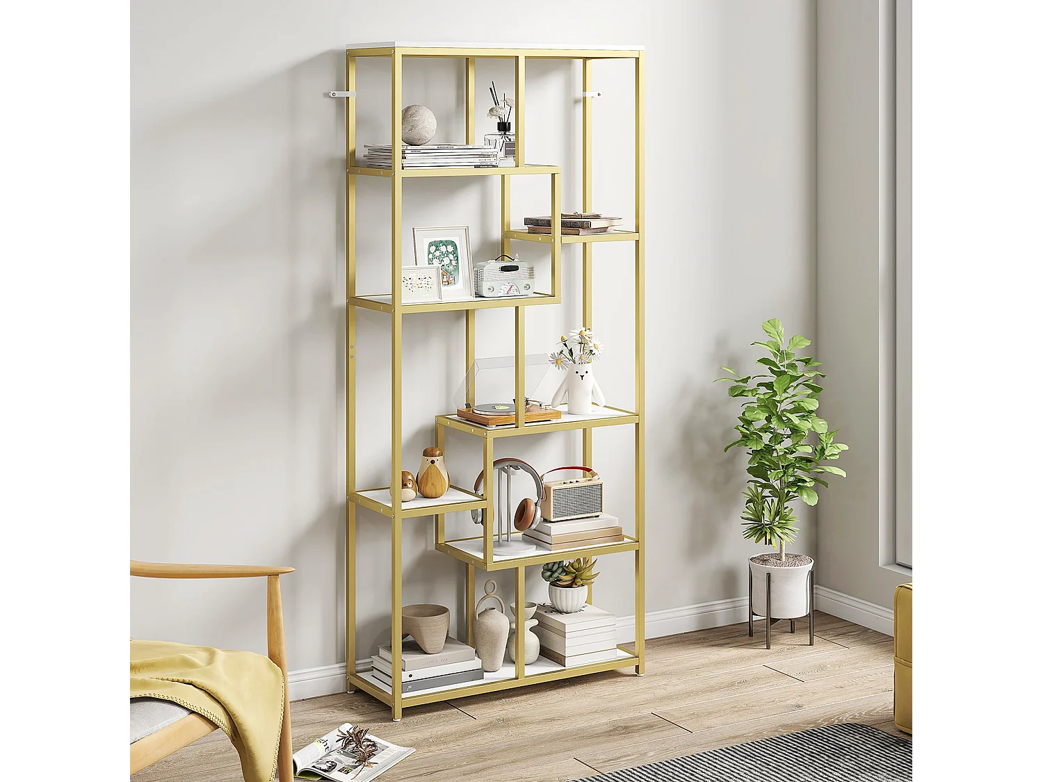 Lolaha 7 Tier Geometric White and Gold Tone Display Bookcase
