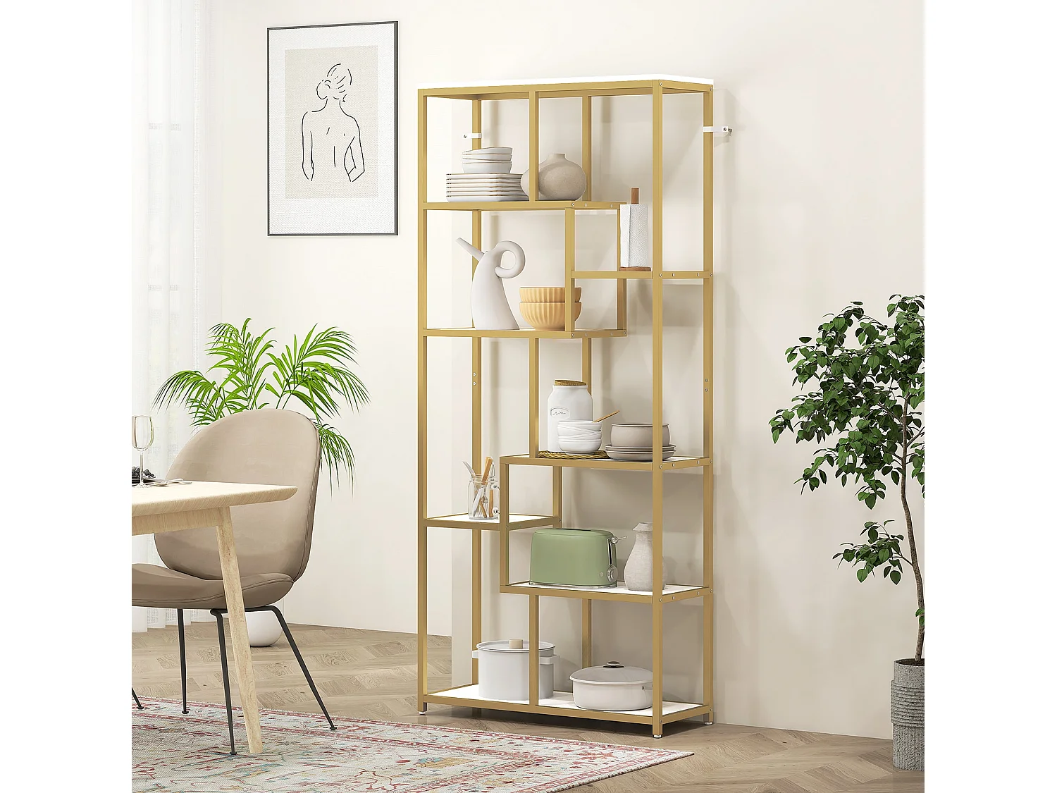 Lolaha 7 Tier Geometric White and Gold Tone Display Bookcase