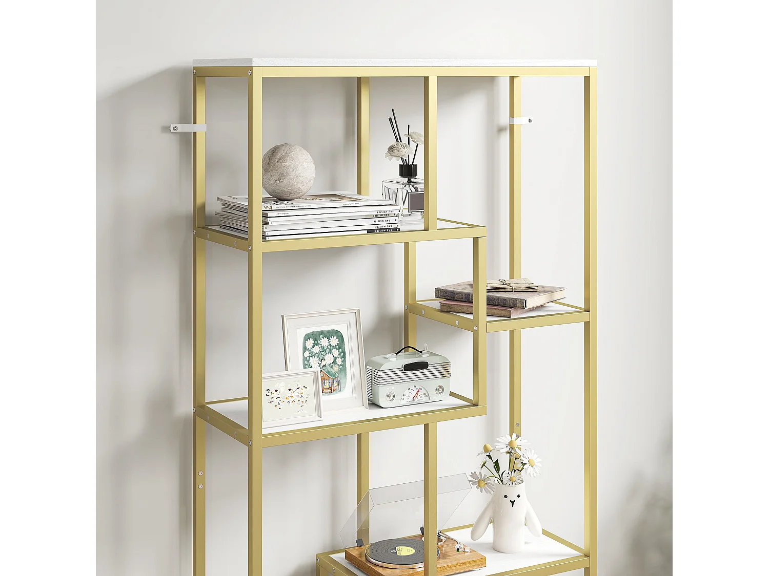 Lolaha 7 Tier Geometric White and Gold Tone Display Bookcase