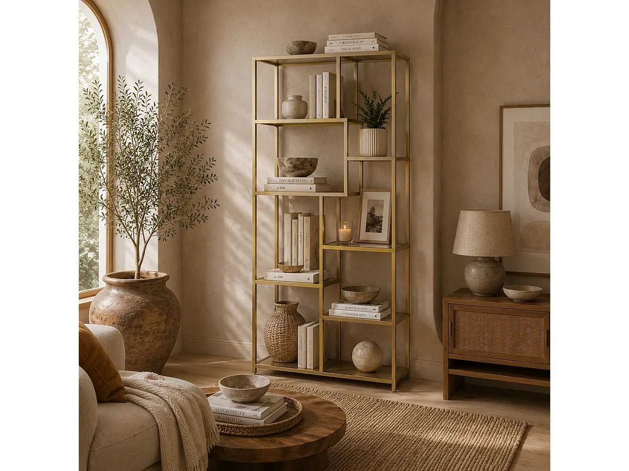 Lolaha 7 Tier Geometric White and Gold Tone Display Bookcase