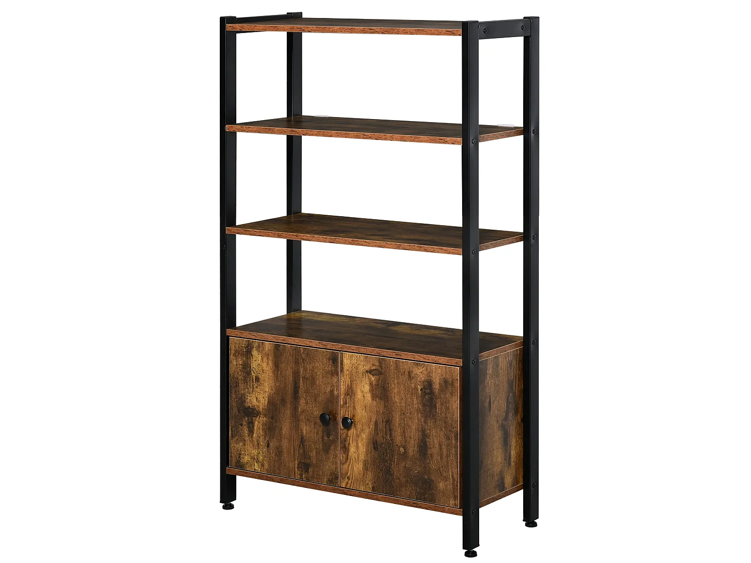 Reneco Industrial 3 Tier Bookshelf with 2 Doors Rustic Brown Wood Black Metal Frame
