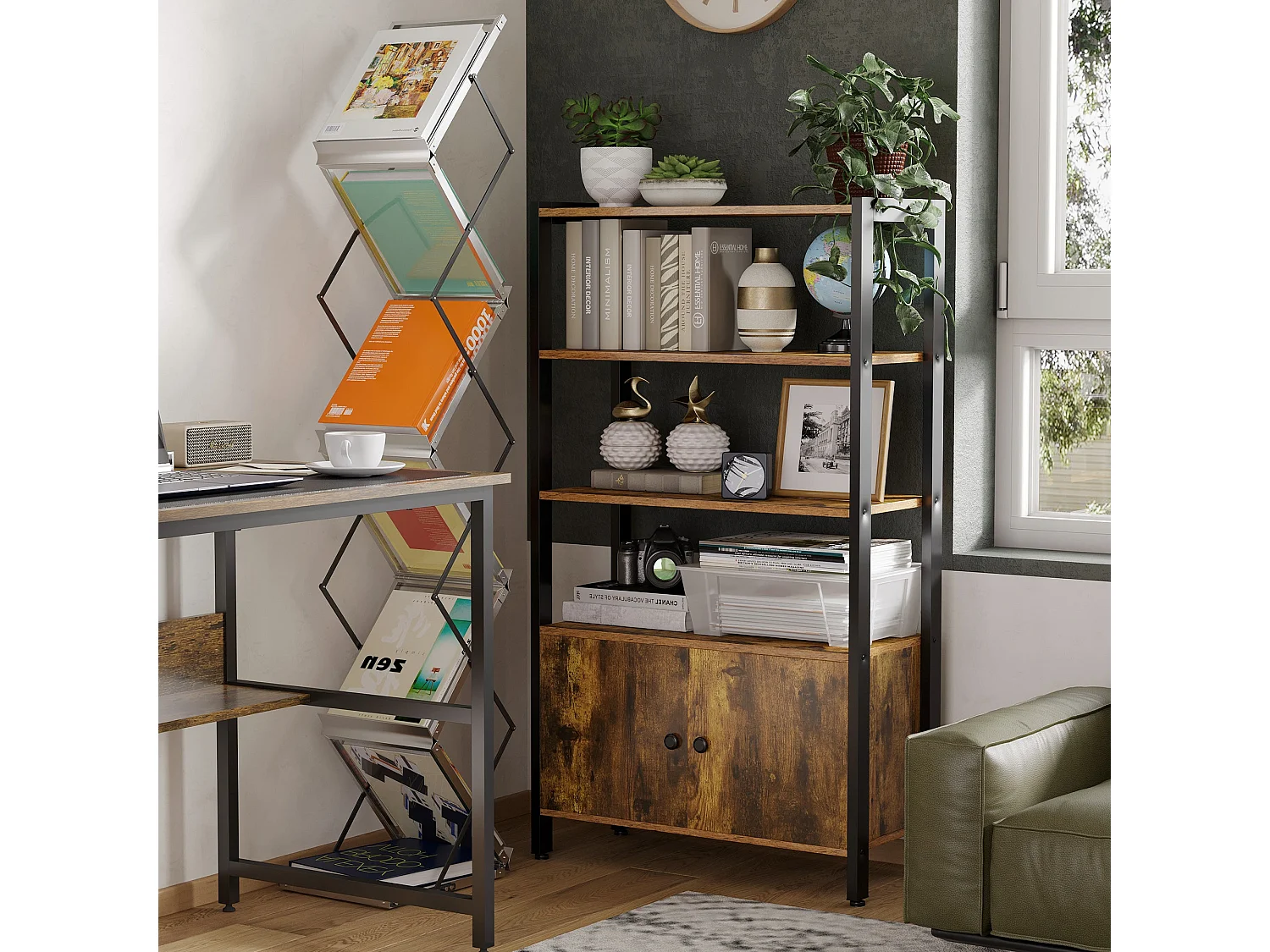 Reneco Industrial 3 Tier Bookshelf with 2 Doors Rustic Brown Wood Black Metal Frame