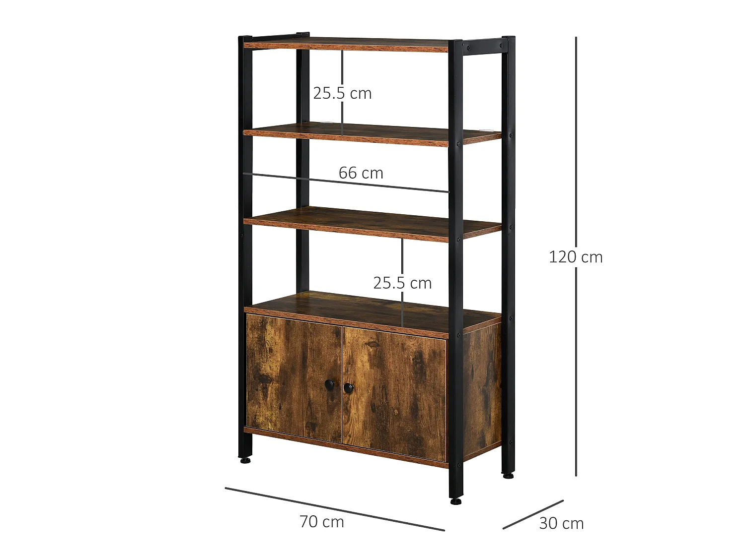 Reneco Industrial 3 Tier Bookshelf with 2 Doors Rustic Brown Wood Black Metal Frame