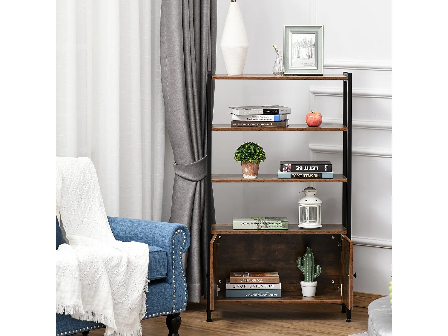 Reneco Industrial 3 Tier Bookshelf with 2 Doors Rustic Brown Wood Black Metal Frame