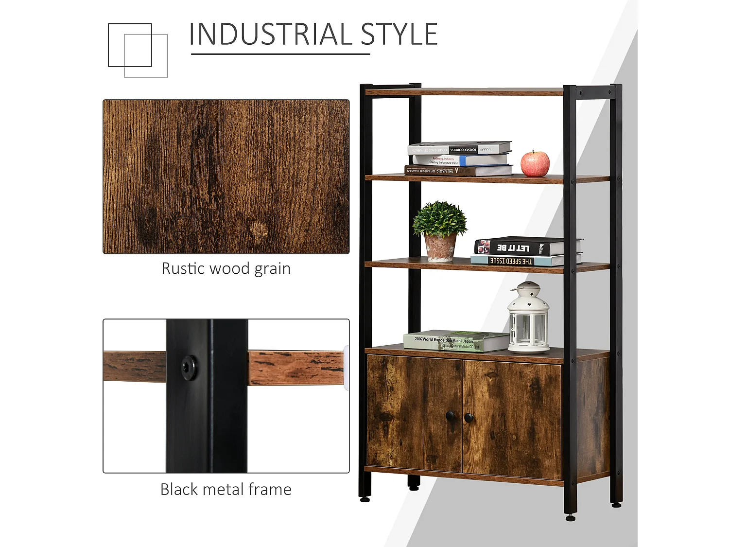Reneco Industrial 3 Tier Bookshelf with 2 Doors Rustic Brown Wood Black Metal Frame