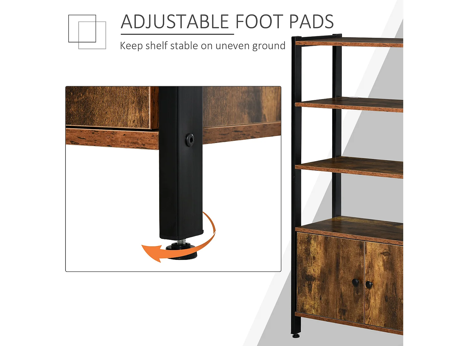 Reneco Industrial 3 Tier Bookshelf with 2 Doors Rustic Brown Wood Black Metal Frame