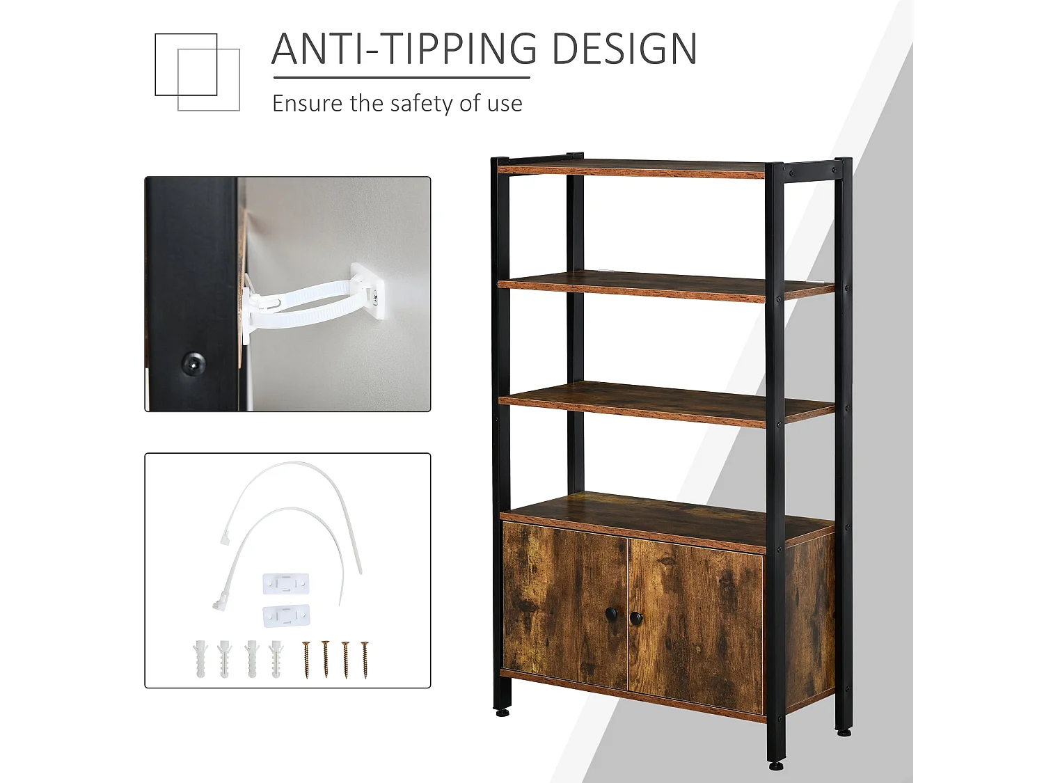 Reneco Industrial 3 Tier Bookshelf with 2 Doors Rustic Brown Wood Black Metal Frame