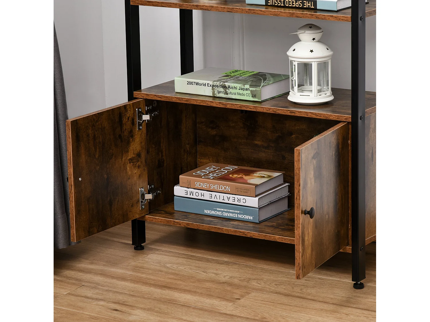 Reneco Industrial 3 Tier Bookshelf with 2 Doors Rustic Brown Wood Black Metal Frame
