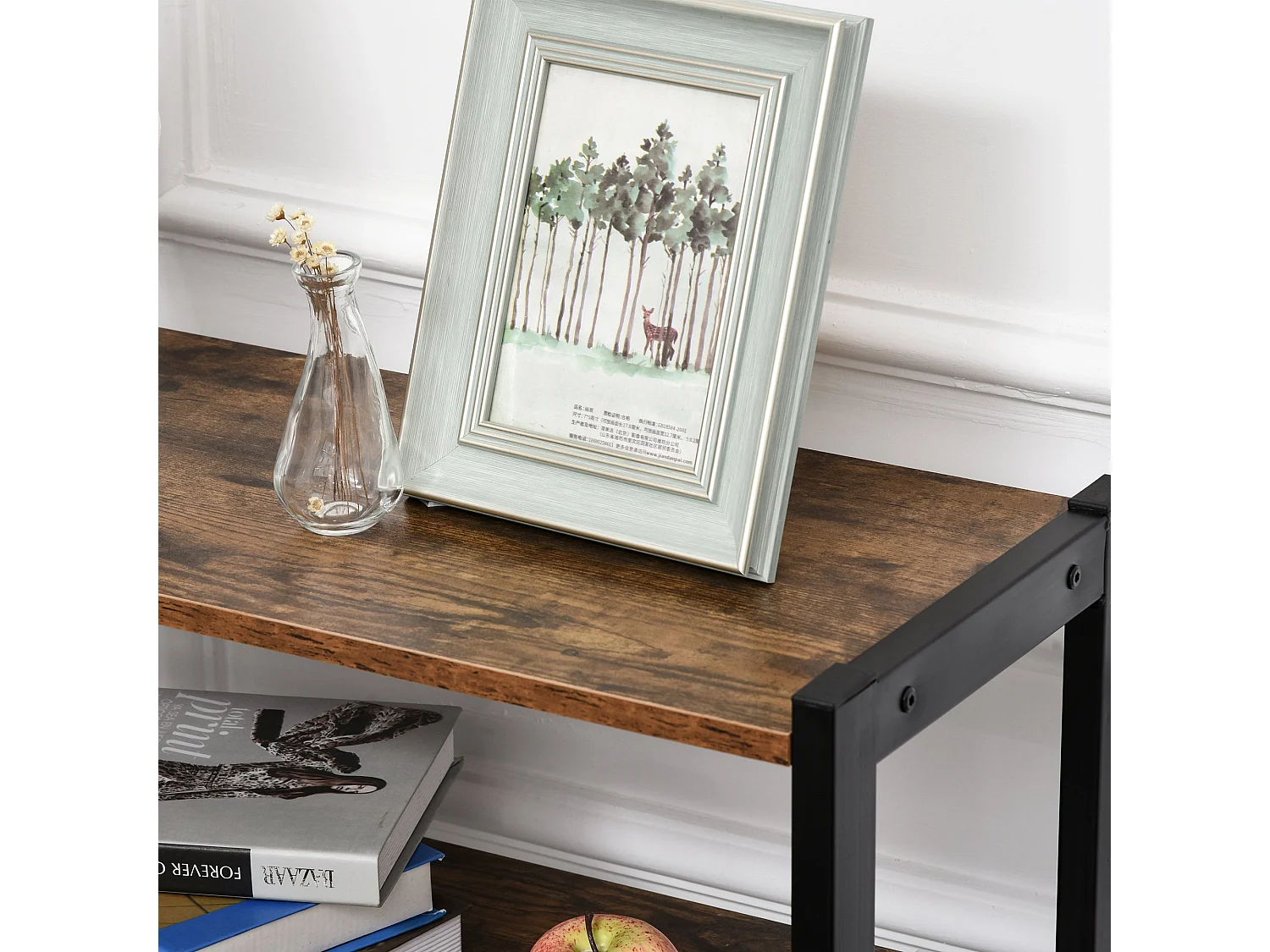 Reneco Industrial 3 Tier Bookshelf with 2 Doors Rustic Brown Wood Black Metal Frame