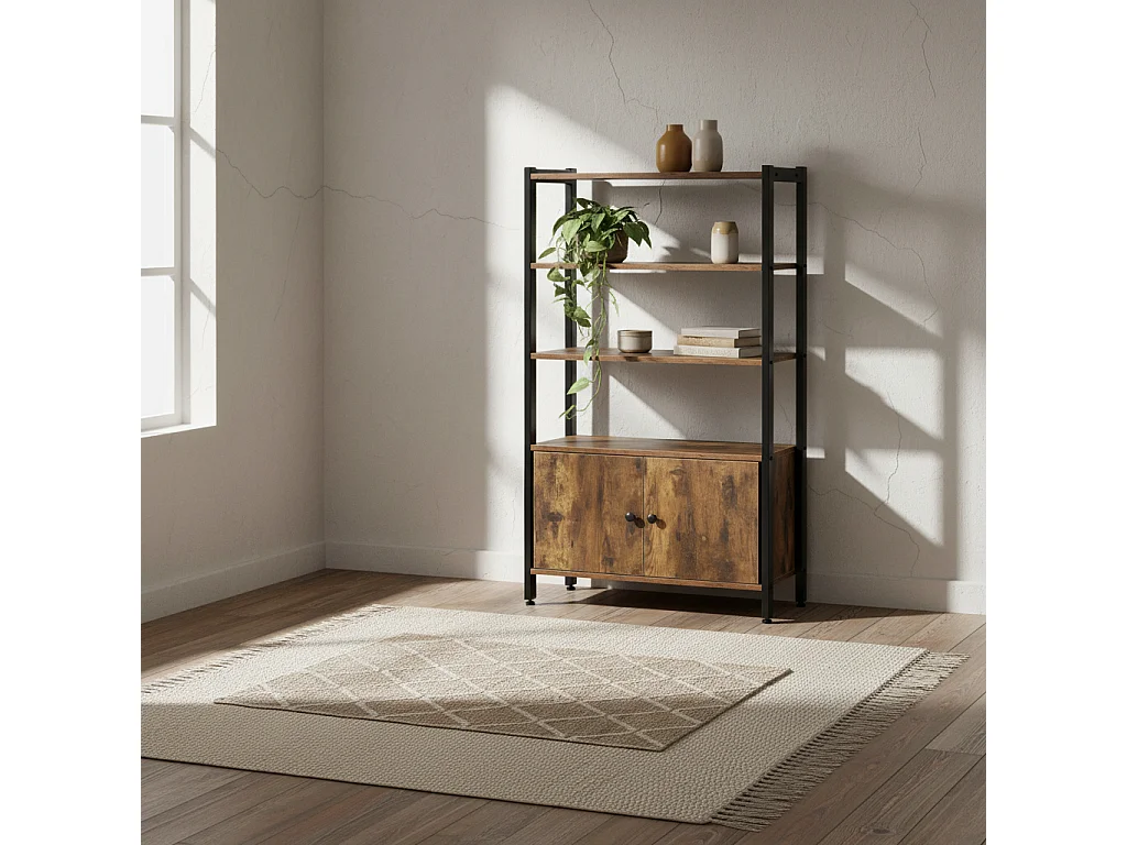 Reneco Industrial 3 Tier Bookshelf with 2 Doors Rustic Brown Wood Black Metal Frame