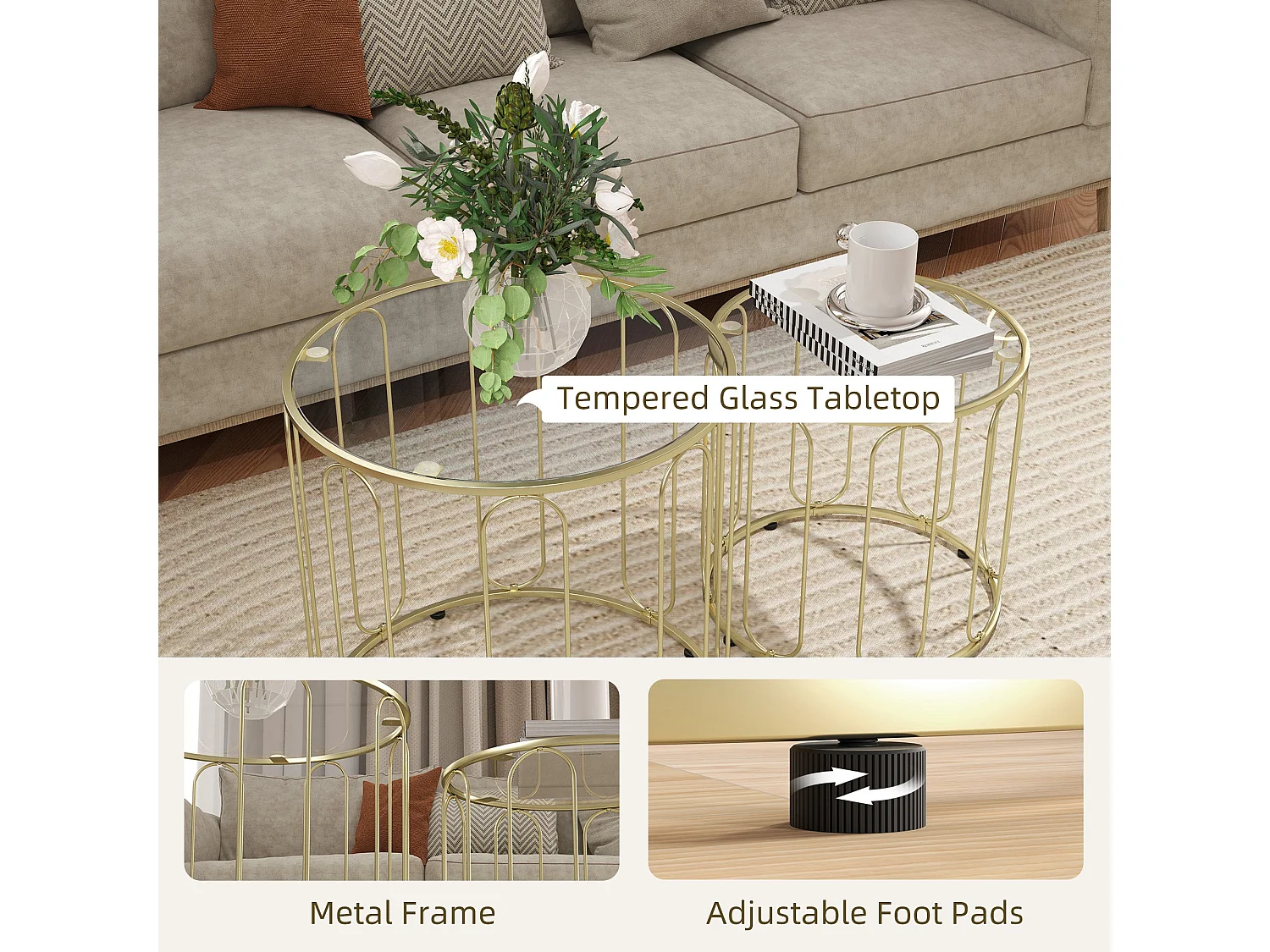 Rosa Set of 2 Gold Tone Elliptical Cut Out Nesting Tables