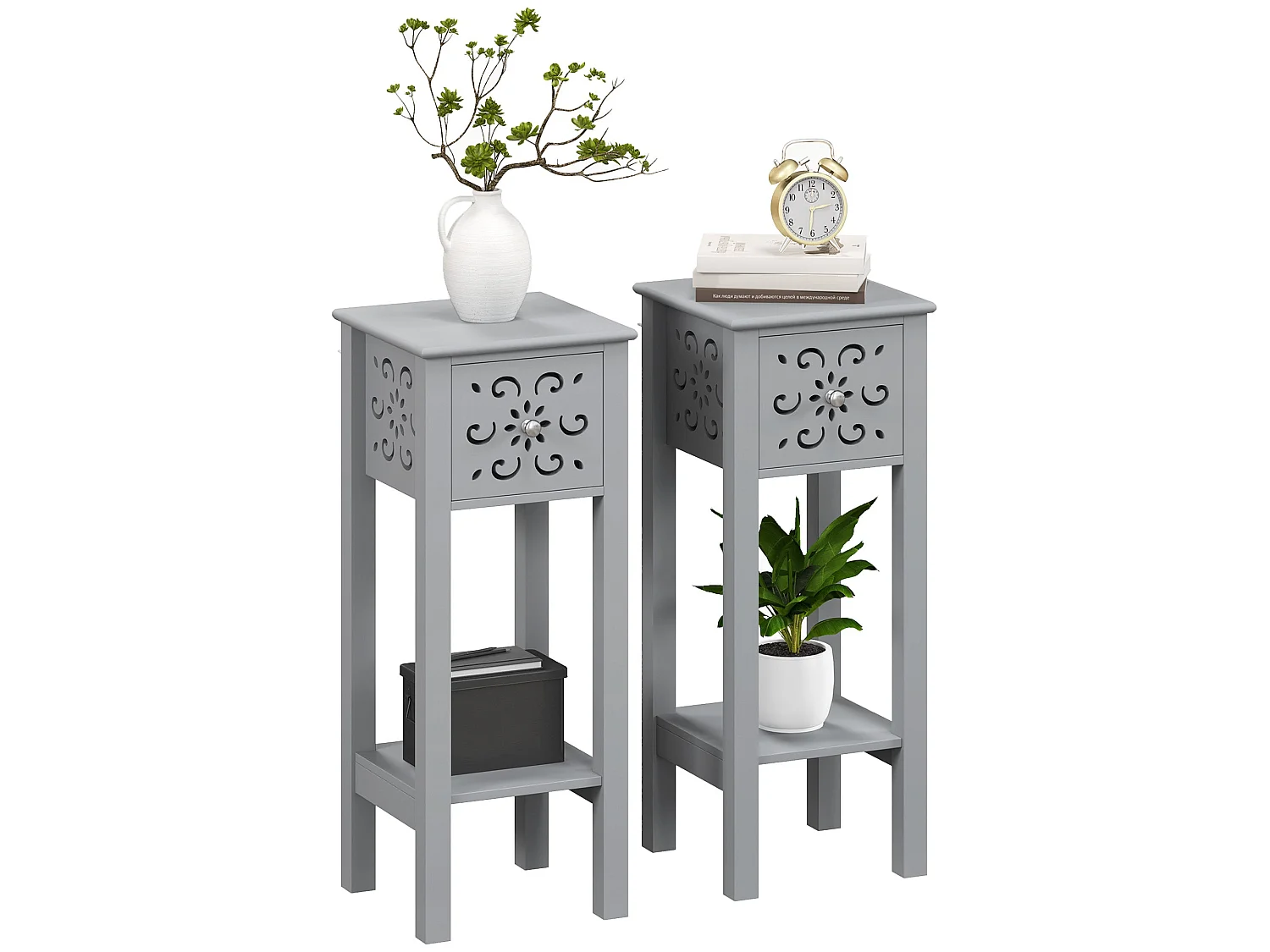 Elne Set of 2 Grey Floral Cut Out Wooden Accent Side Tables