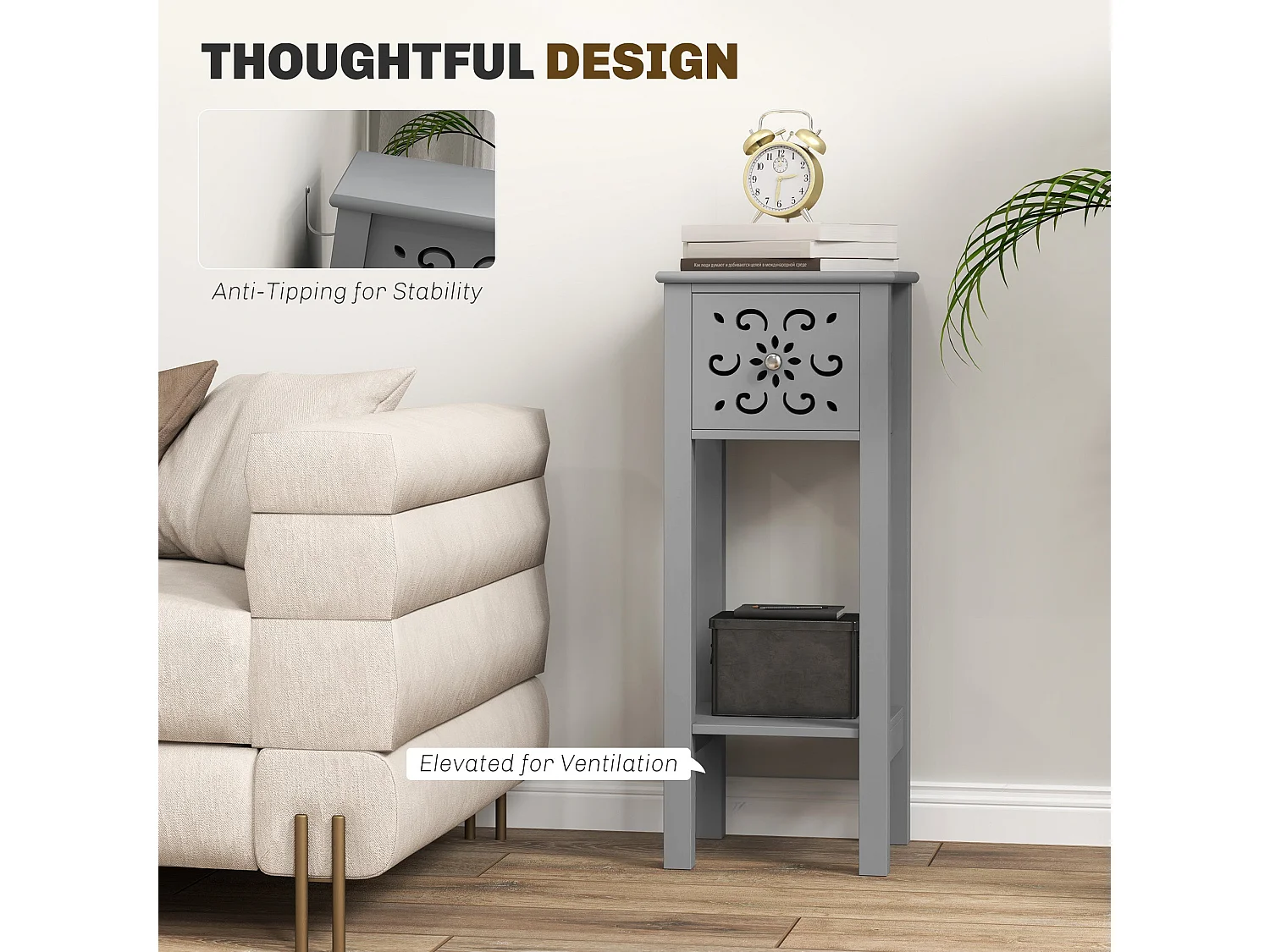 Elne Set of 2 Grey Floral Cut Out Wooden Accent Side Tables