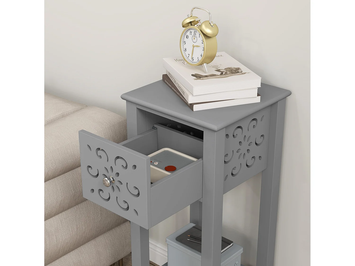 Elne Set of 2 Grey Floral Cut Out Wooden Accent Side Tables