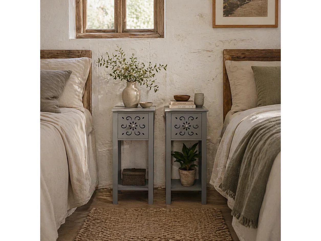 Elne Set of 2 Grey Floral Cut Out Wooden Accent Side Tables