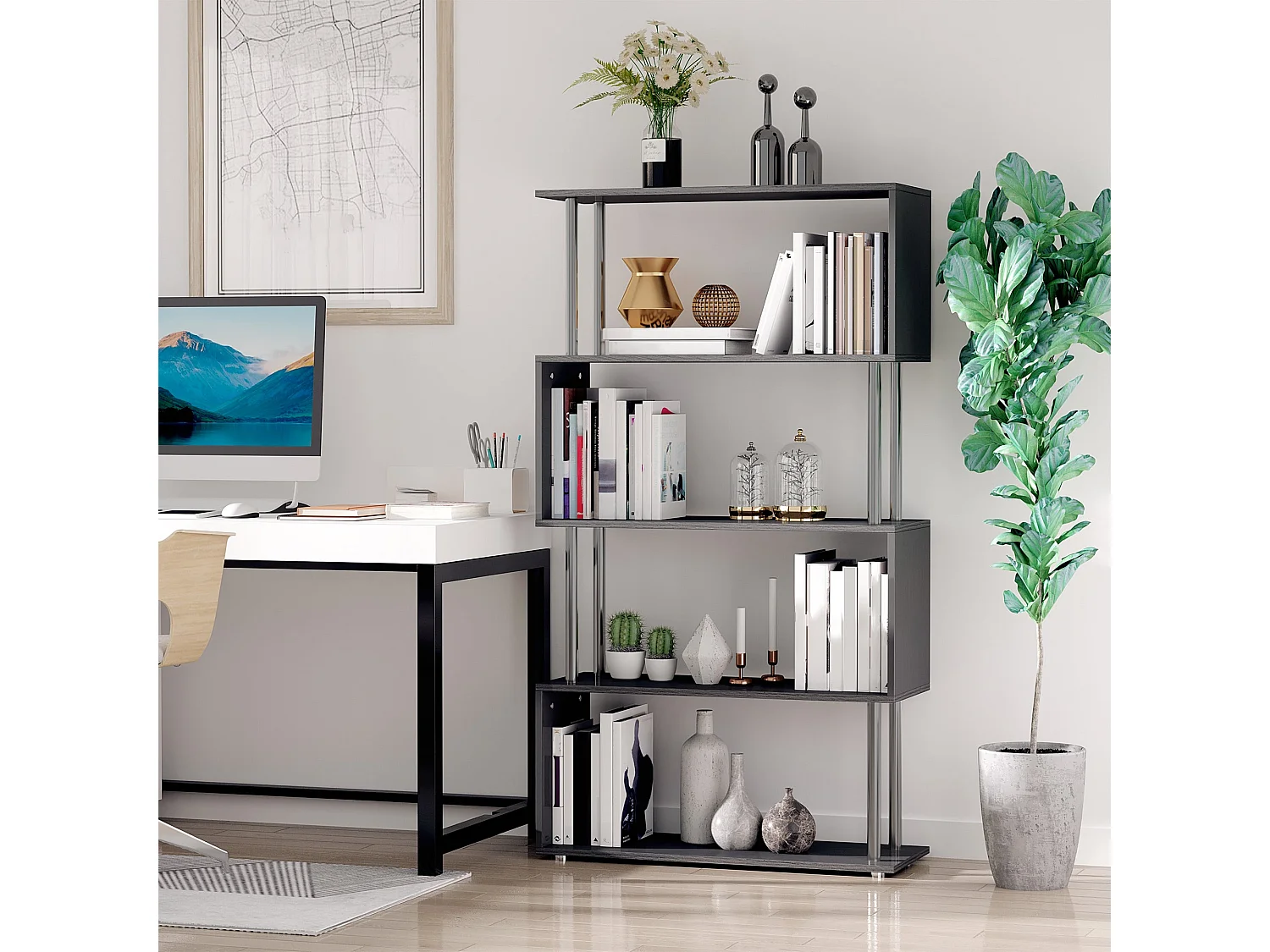 Firtu 5 Tier S Shaped Black Freestanding Bookcase