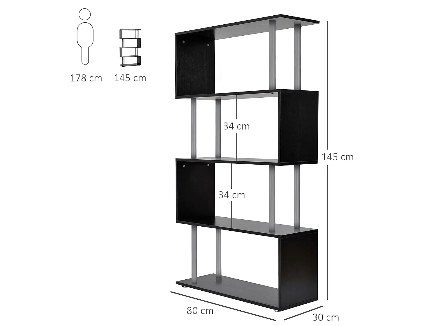 Firtu 5 Tier S Shaped Black Freestanding Bookcase