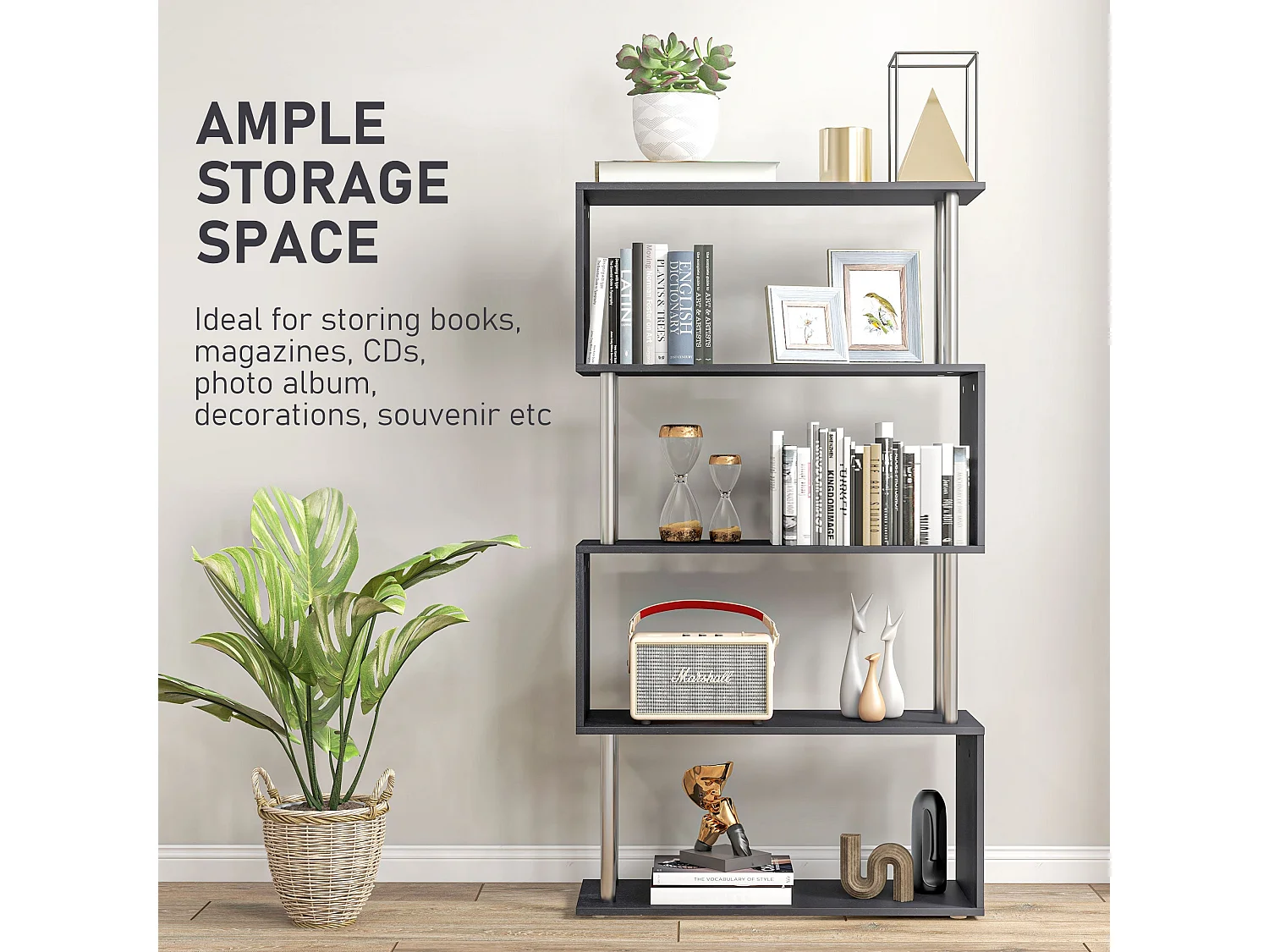 Firtu 5 Tier S Shaped Black Freestanding Bookcase