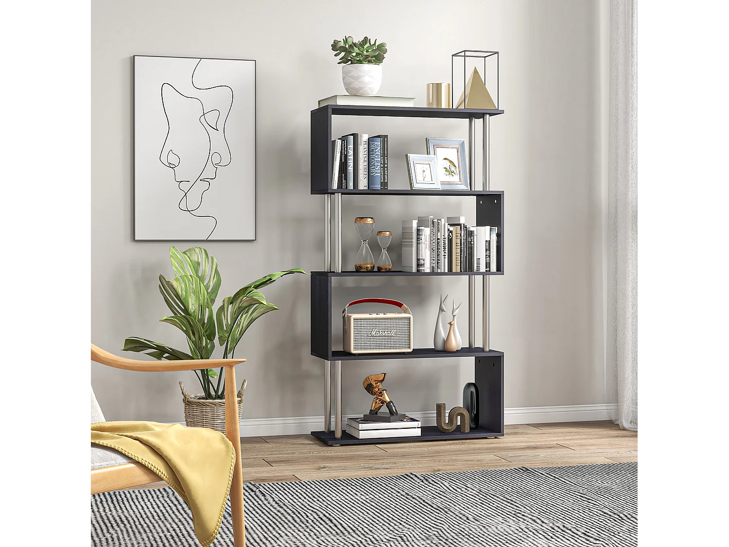 Firtu 5 Tier S Shaped Black Freestanding Bookcase