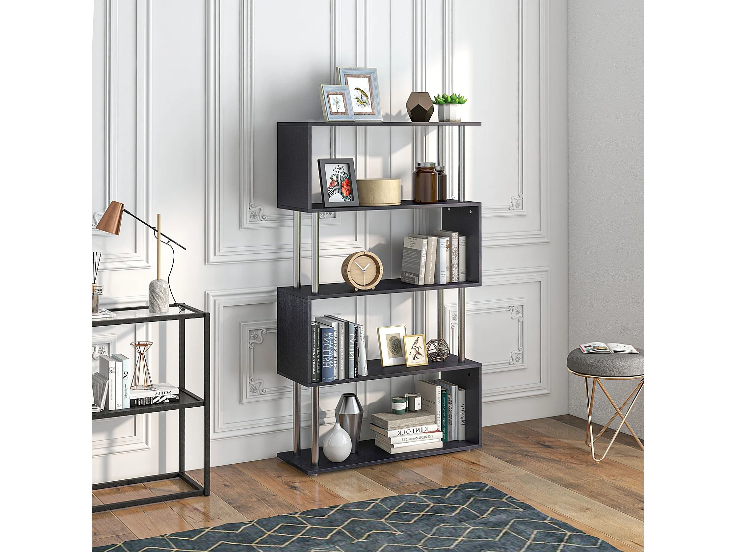 Firtu 5 Tier S Shaped Black Freestanding Bookcase