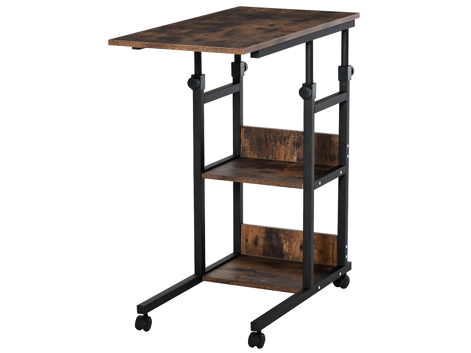 Comiro C Shaped Industrial Side Table with 3 Tier Shelves and Lockable Wheels
