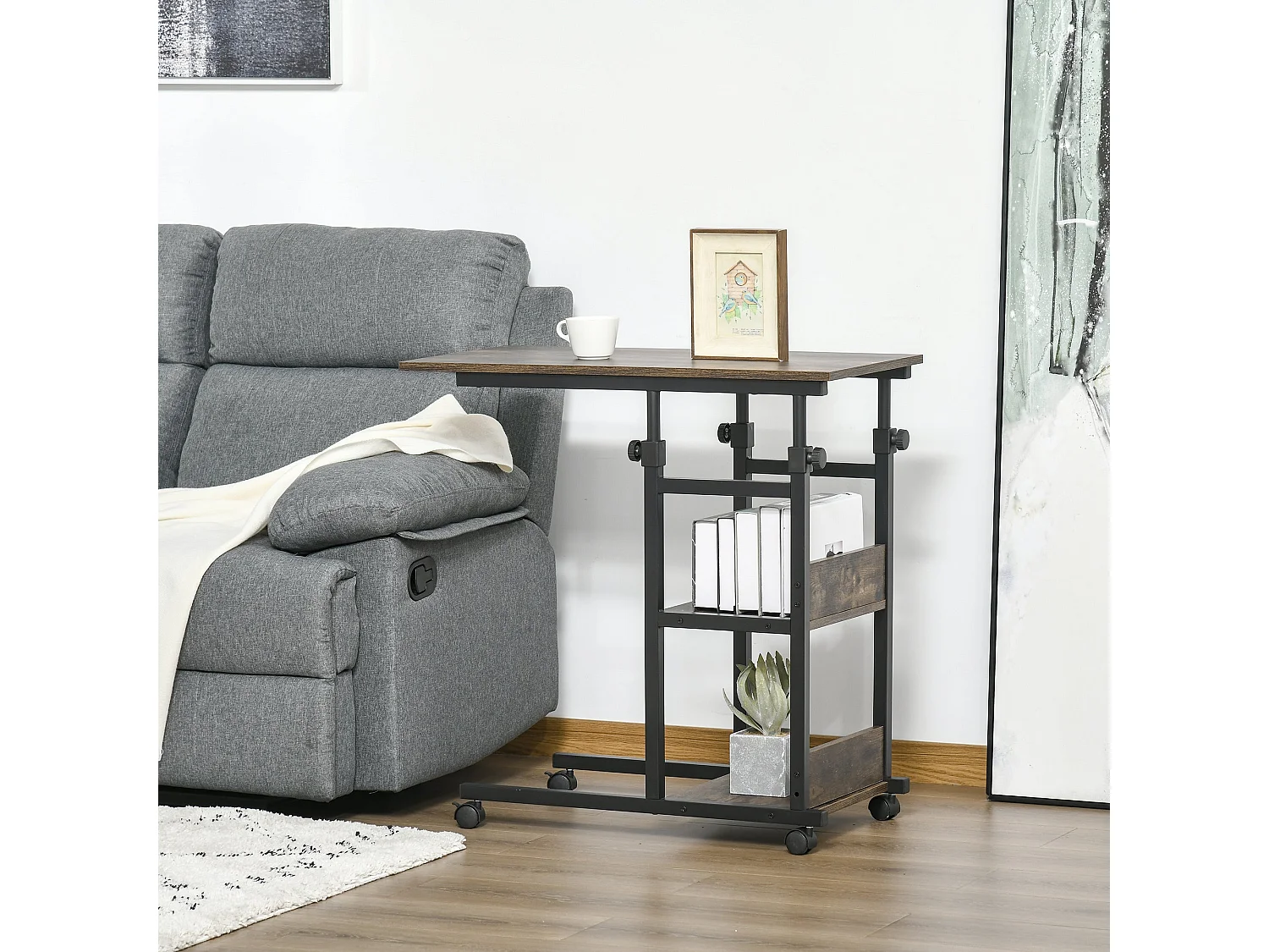 Comiro C Shaped Industrial Side Table with 3 Tier Shelves and Lockable Wheels