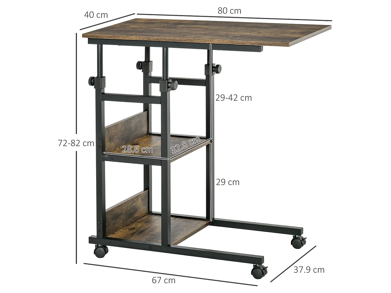 Comiro C Shaped Industrial Side Table with 3 Tier Shelves and Lockable Wheels