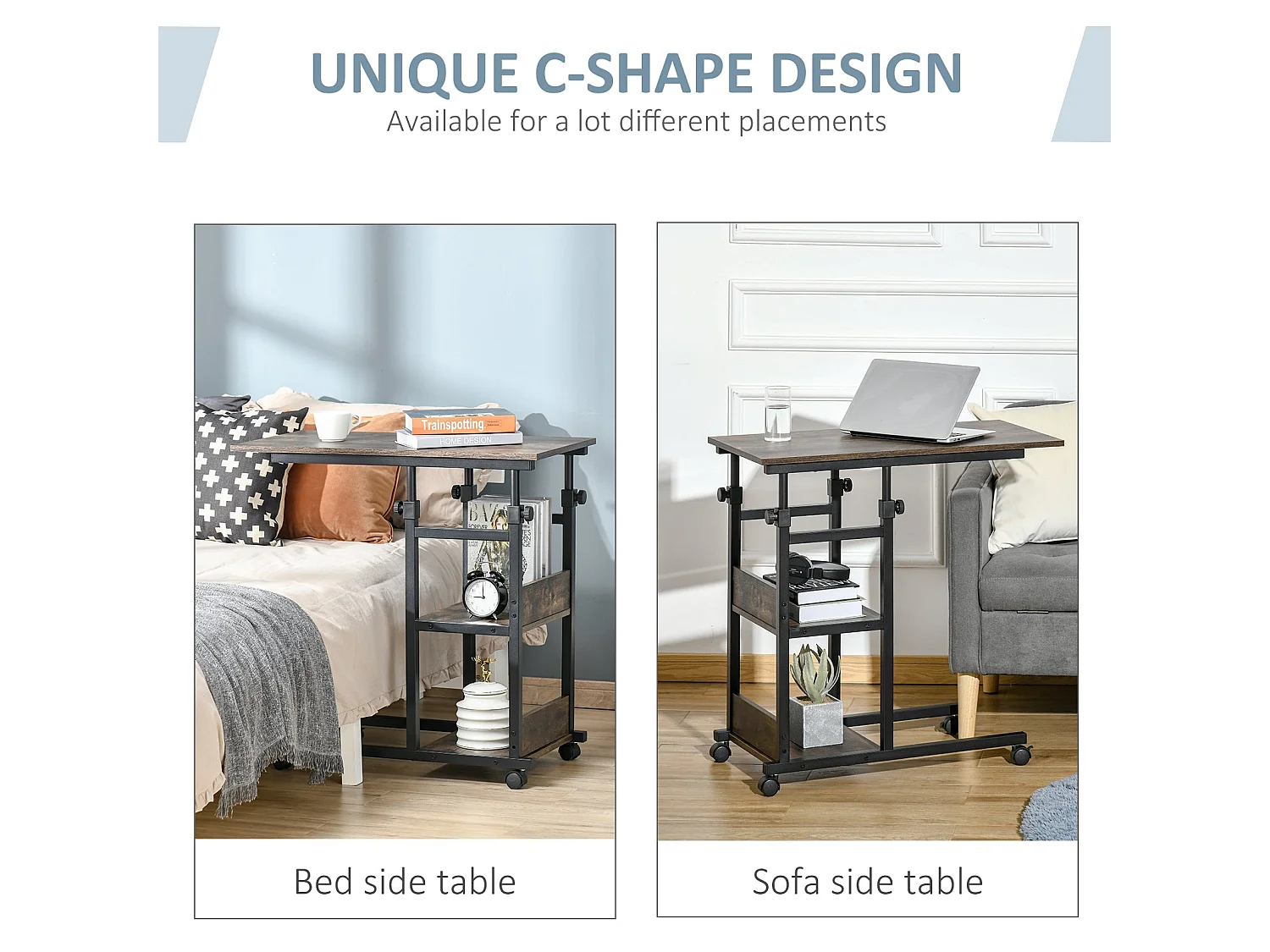 Comiro C Shaped Industrial Side Table with 3 Tier Shelves and Lockable Wheels