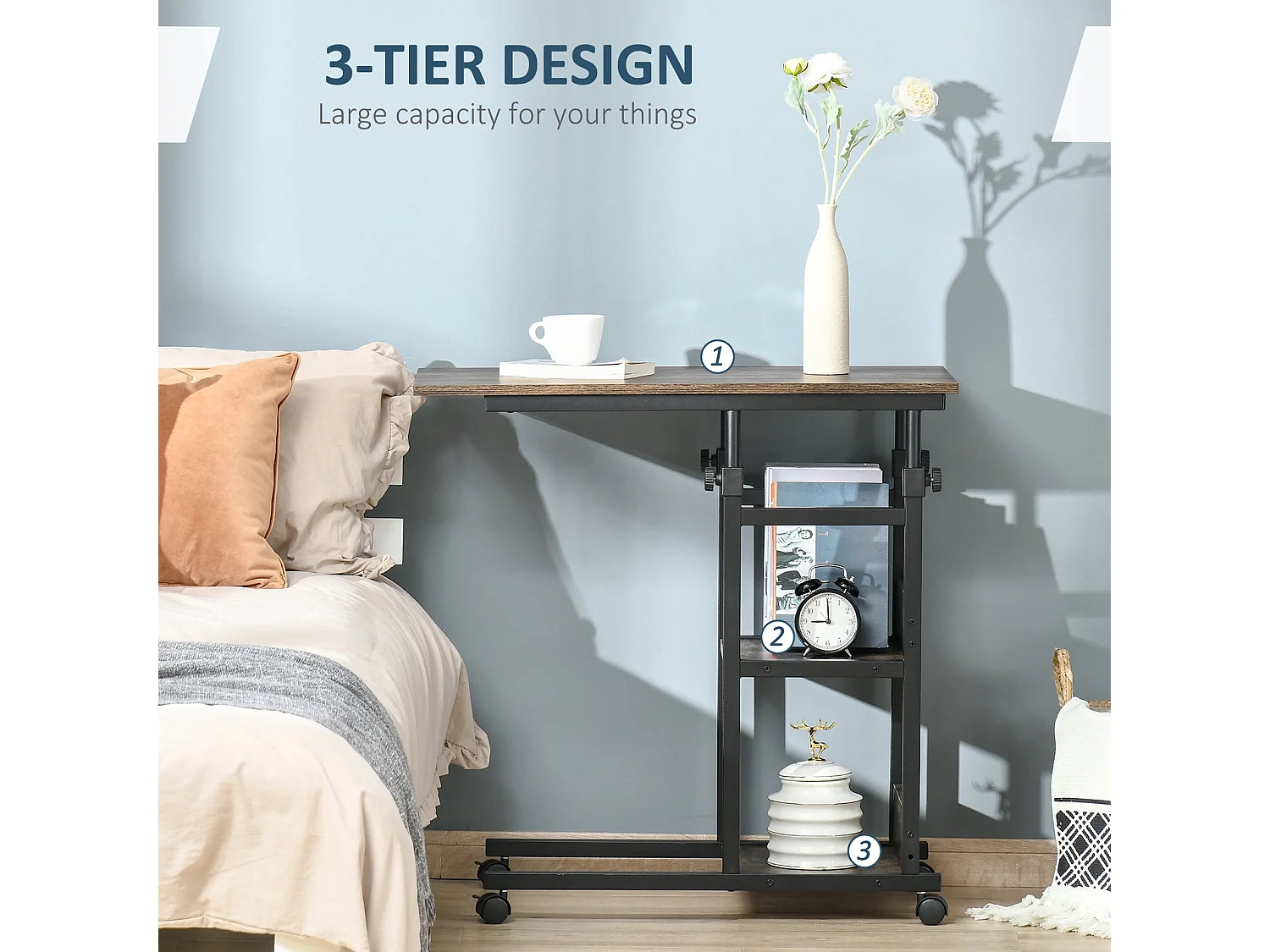 Comiro C Shaped Industrial Side Table with 3 Tier Shelves and Lockable Wheels